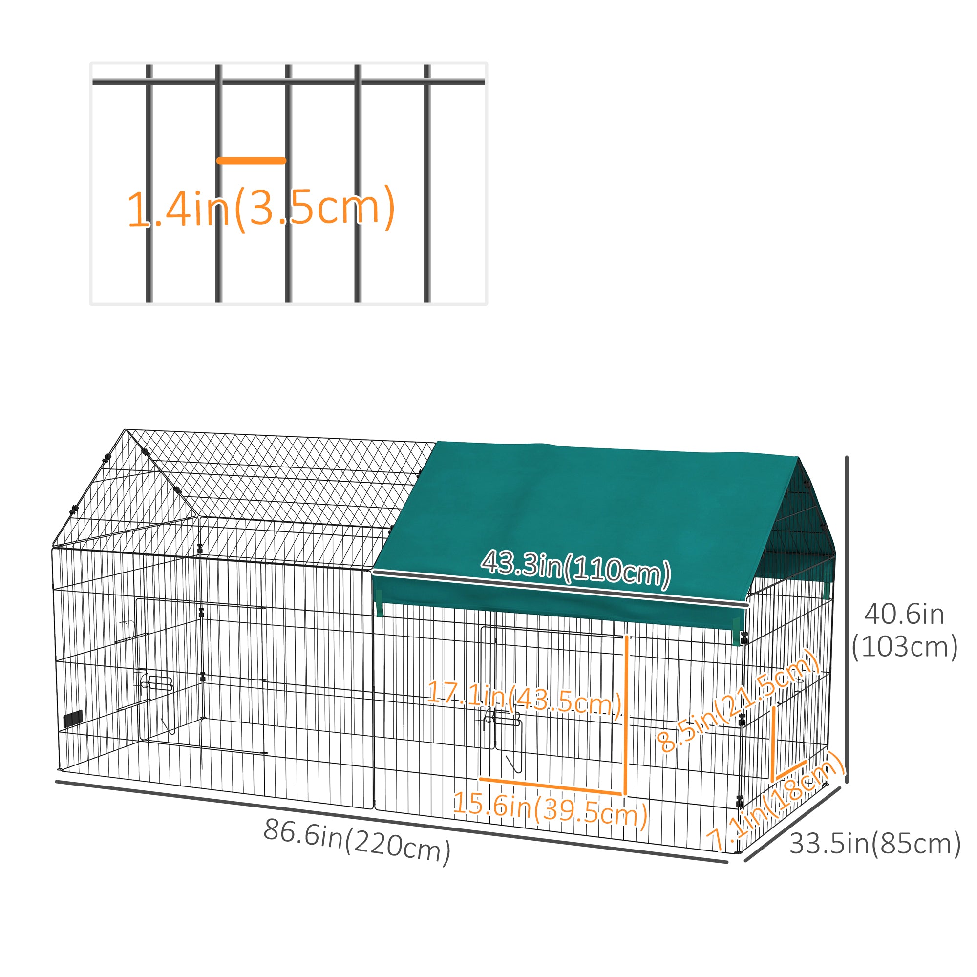 PawHut 87" Small Animal Cage, Pet Playpen for Chicken, Rabbits, Chinchillas, Outdoor Small Animal Playpen with Spire Roof, Green
