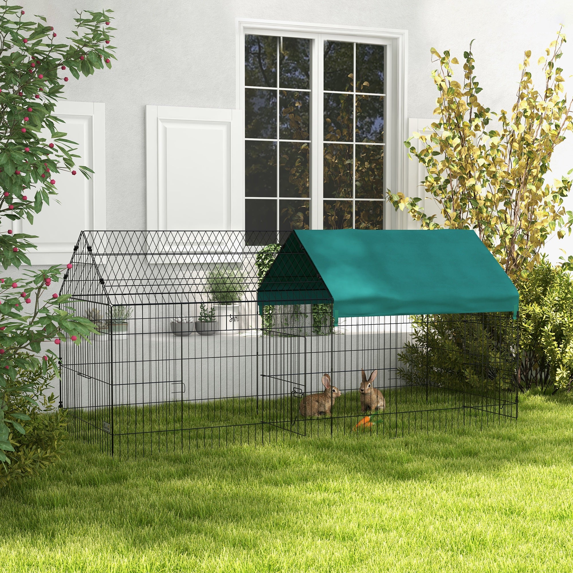 PawHut 87" Small Animal Cage, Pet Playpen for Chicken, Rabbits, Chinchillas, Outdoor Small Animal Playpen with Spire Roof, Green