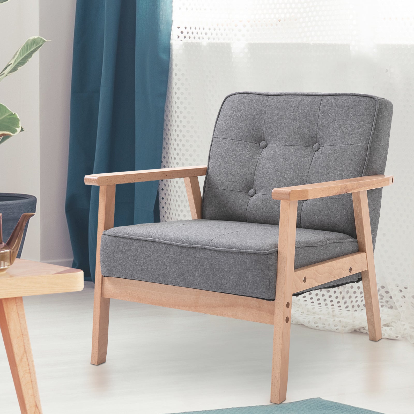 HOMCOM Fabric Accent Chair, Tufted Armchair, Modern Living Room Chair with Wood Legs and Thick Padding for Bedroom, Grey