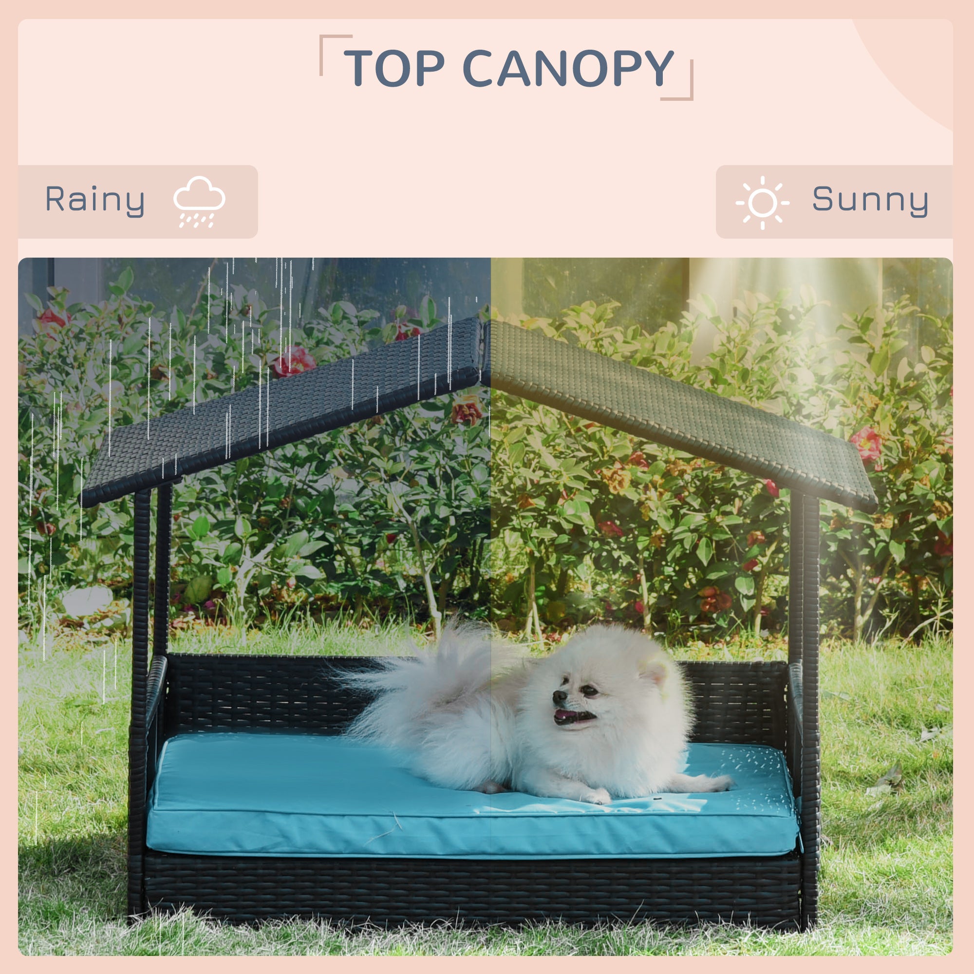 PawHut Elevated Rattan Dog House Outdoor with Canopy, Wicker Dog Bed with Water-Resistant Cushion, for Small and Medium Dogs Blue