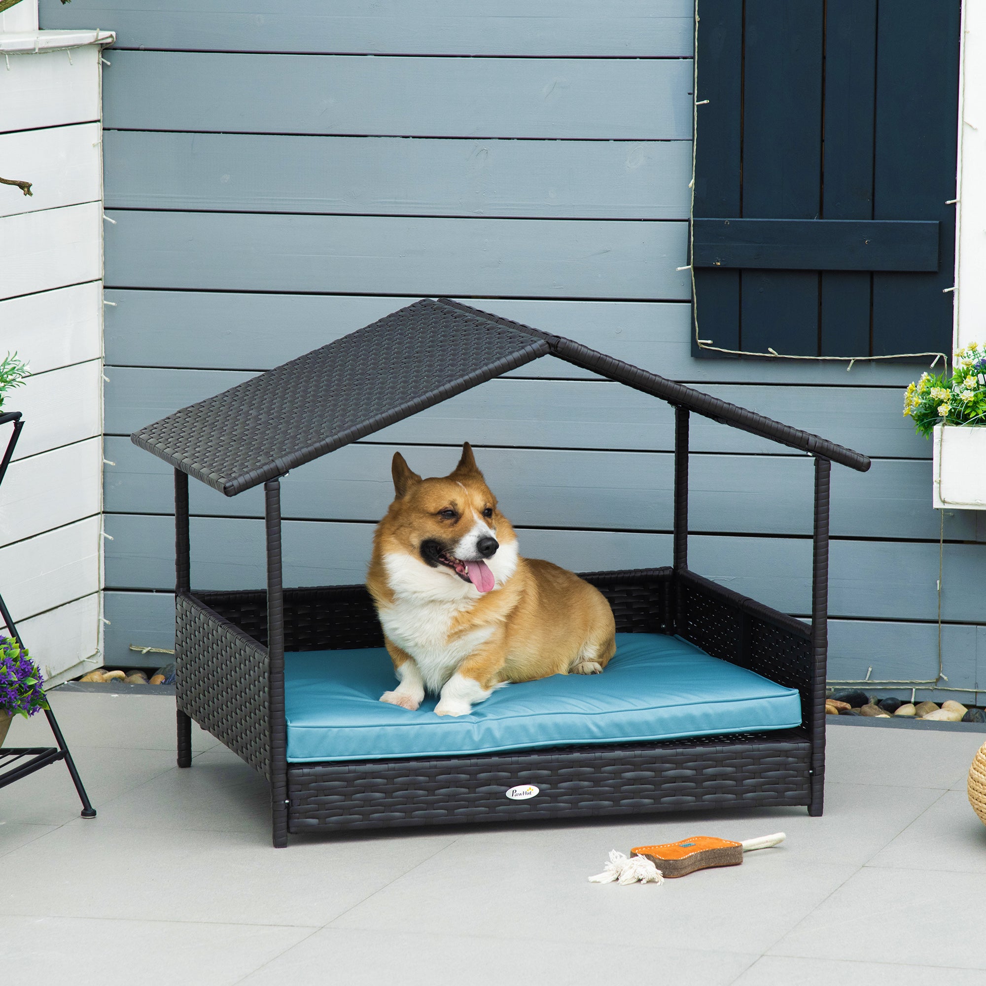 PawHut Elevated Rattan Dog House Outdoor with Canopy, Wicker Dog Bed with Water-Resistant Cushion, for Small and Medium Dogs Blue