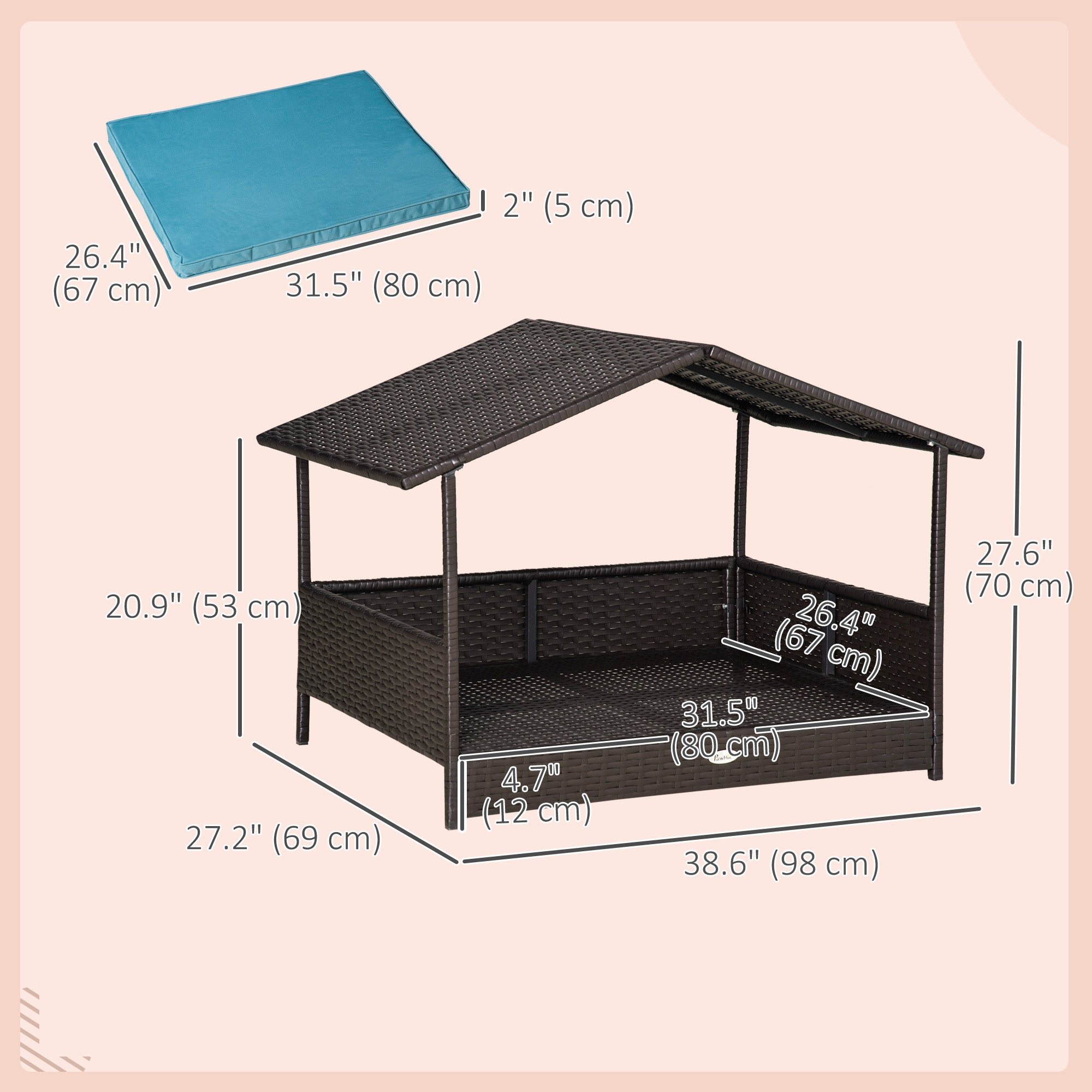 PawHut Elevated Rattan Dog House Outdoor with Canopy, Wicker Dog Bed with Water-Resistant Cushion, for Small and Medium Dogs Blue
