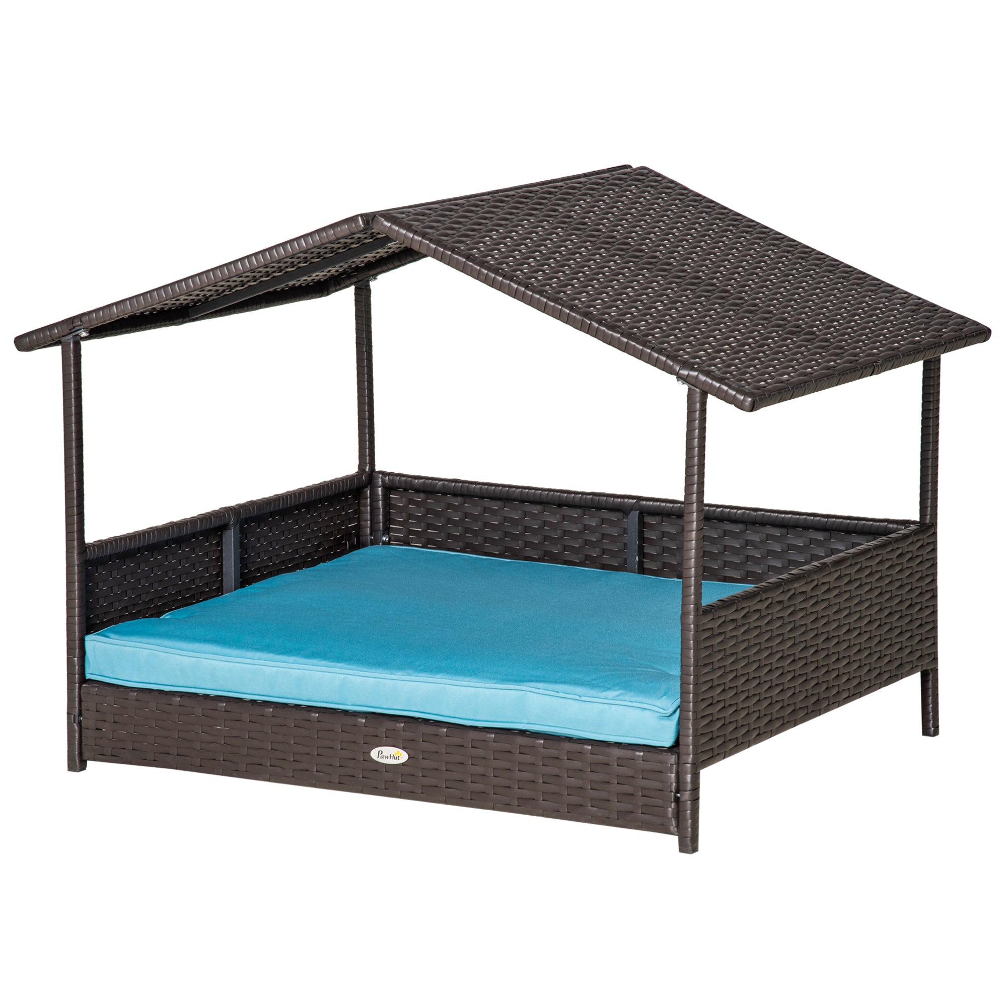 PawHut Elevated Rattan Dog House Outdoor with Canopy, Wicker Dog Bed with Water-Resistant Cushion, for Small and Medium Dogs Blue