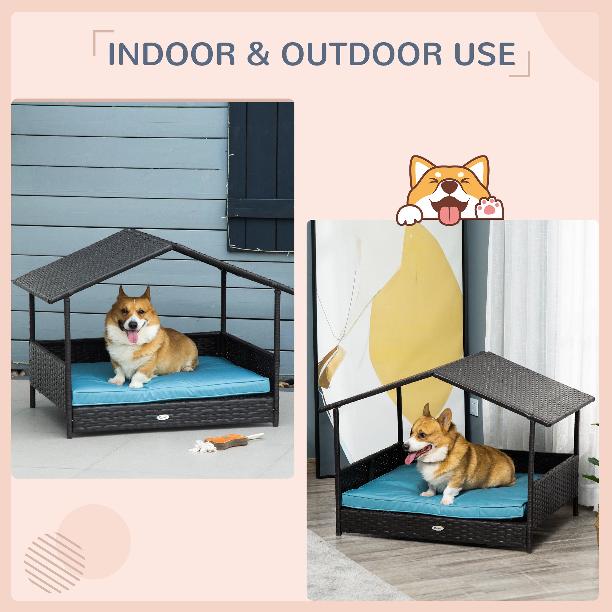 PawHut Elevated Rattan Dog House Outdoor with Canopy, Wicker Dog Bed with Water-Resistant Cushion, for Small and Medium Dogs Blue