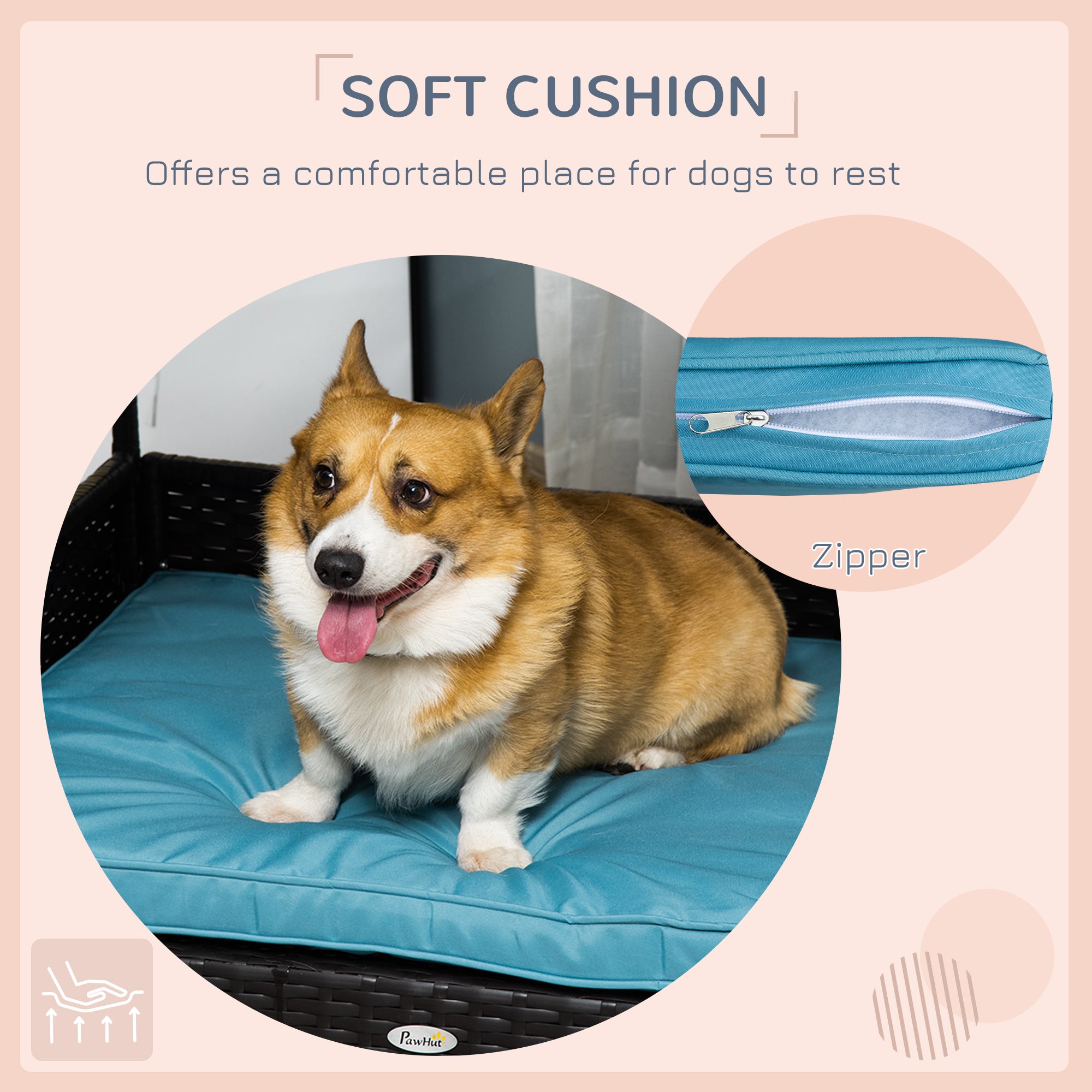 PawHut Elevated Rattan Dog House Outdoor with Canopy, Wicker Dog Bed with Water-Resistant Cushion, for Small and Medium Dogs Blue