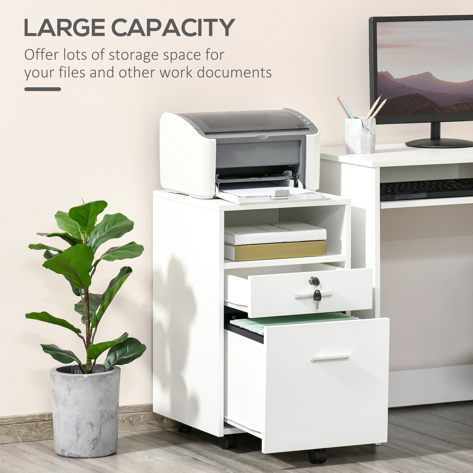 Vinsetto 2 Drawer Filing Cabinet with Lock, Vertical File Cabinet with Wheels, Mobile Office Cabinet for A4, Letter Size, White