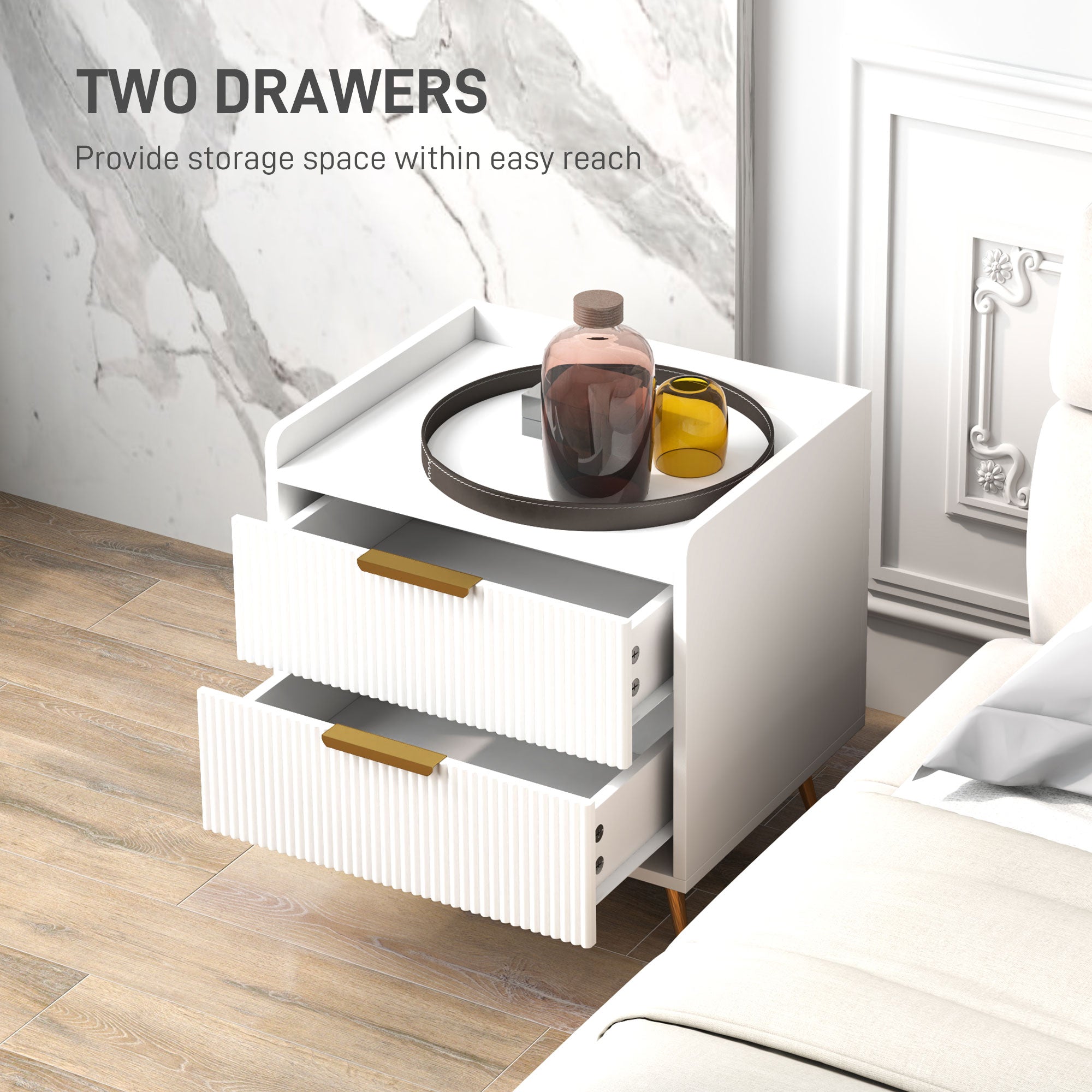 HOMCOM Bedside Table, Bedside Cabinet with 2 Drawers, Side End Table with Metal Legs for Bedroom Living Room, White