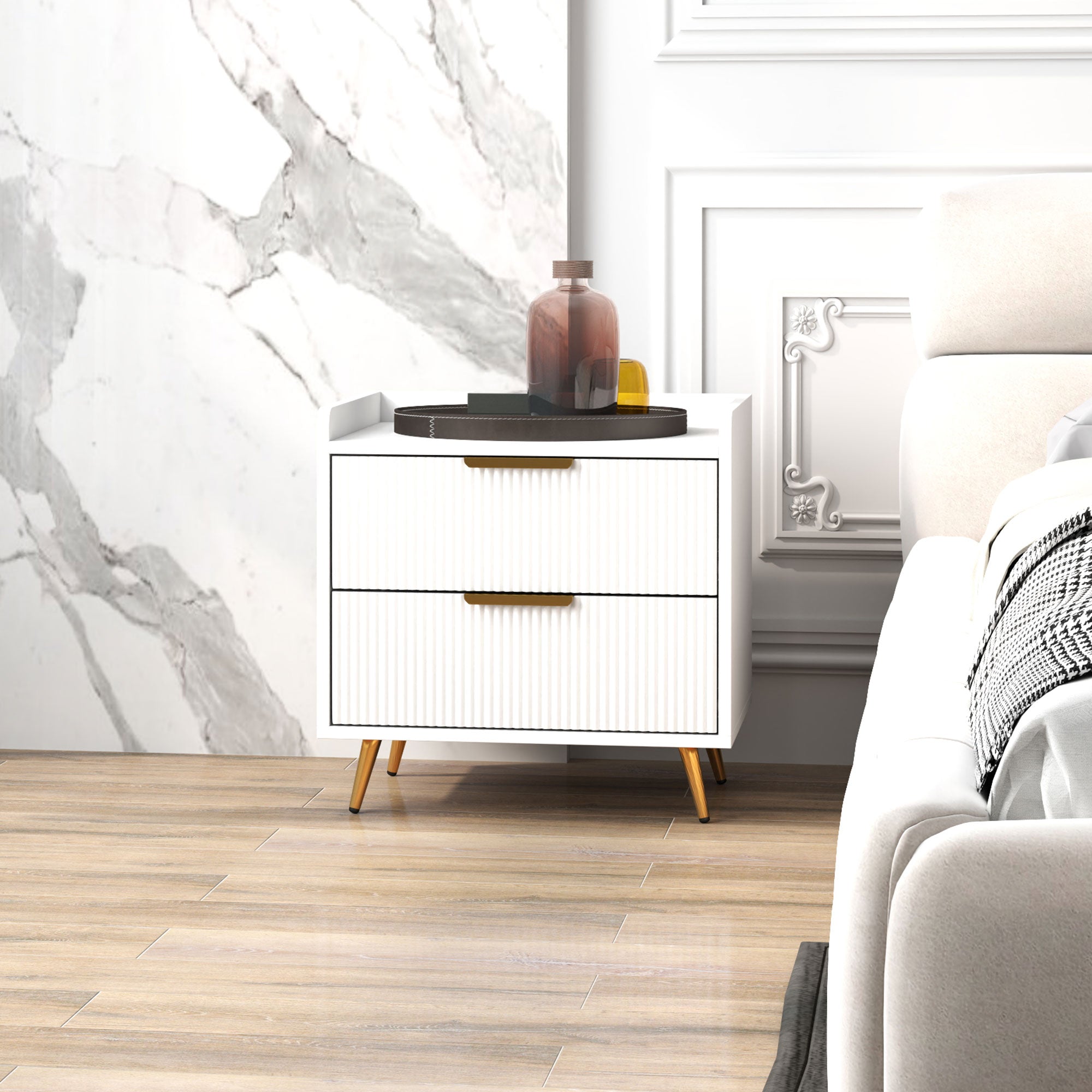 HOMCOM Bedside Table, Bedside Cabinet with 2 Drawers, Side End Table with Metal Legs for Bedroom Living Room, White