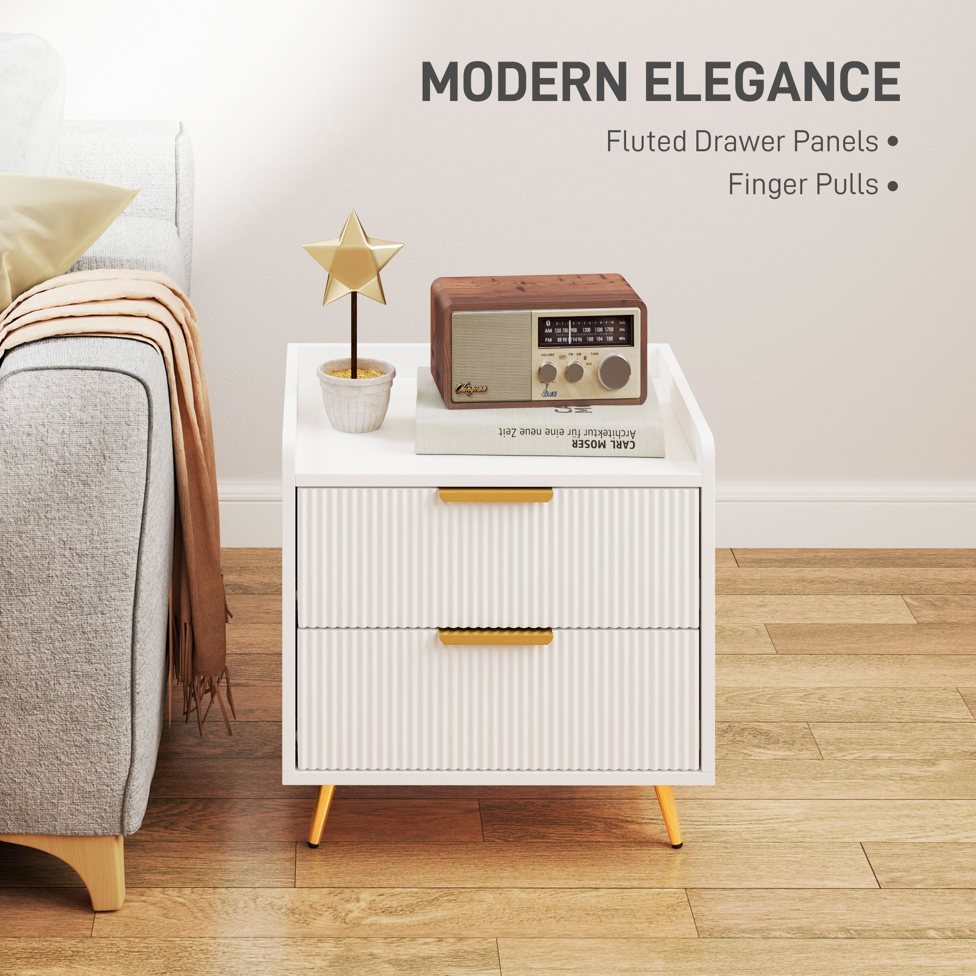 HOMCOM Bedside Table, Bedside Cabinet with 2 Drawers, Side End Table with Metal Legs for Bedroom Living Room, White