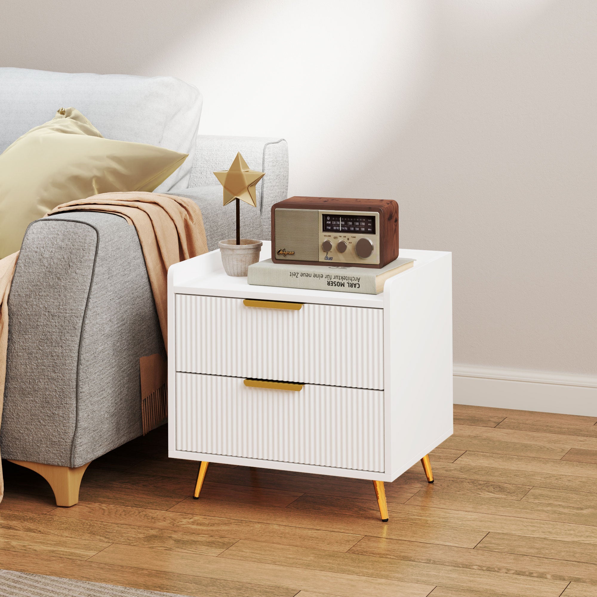 HOMCOM Bedside Table, Bedside Cabinet with 2 Drawers, Side End Table with Metal Legs for Bedroom Living Room, White