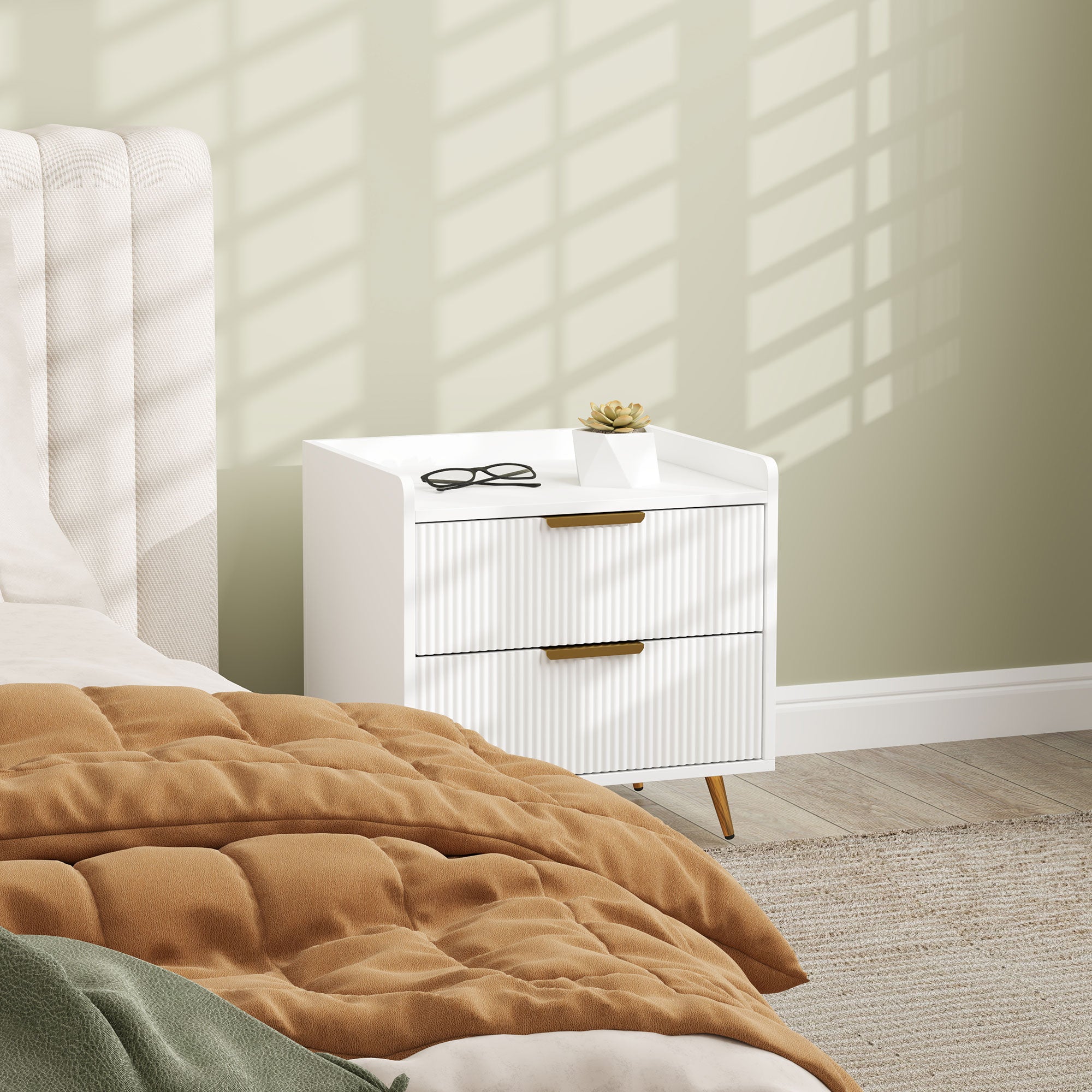 HOMCOM Bedside Table, Bedside Cabinet with 2 Drawers, Side End Table with Metal Legs for Bedroom Living Room, White