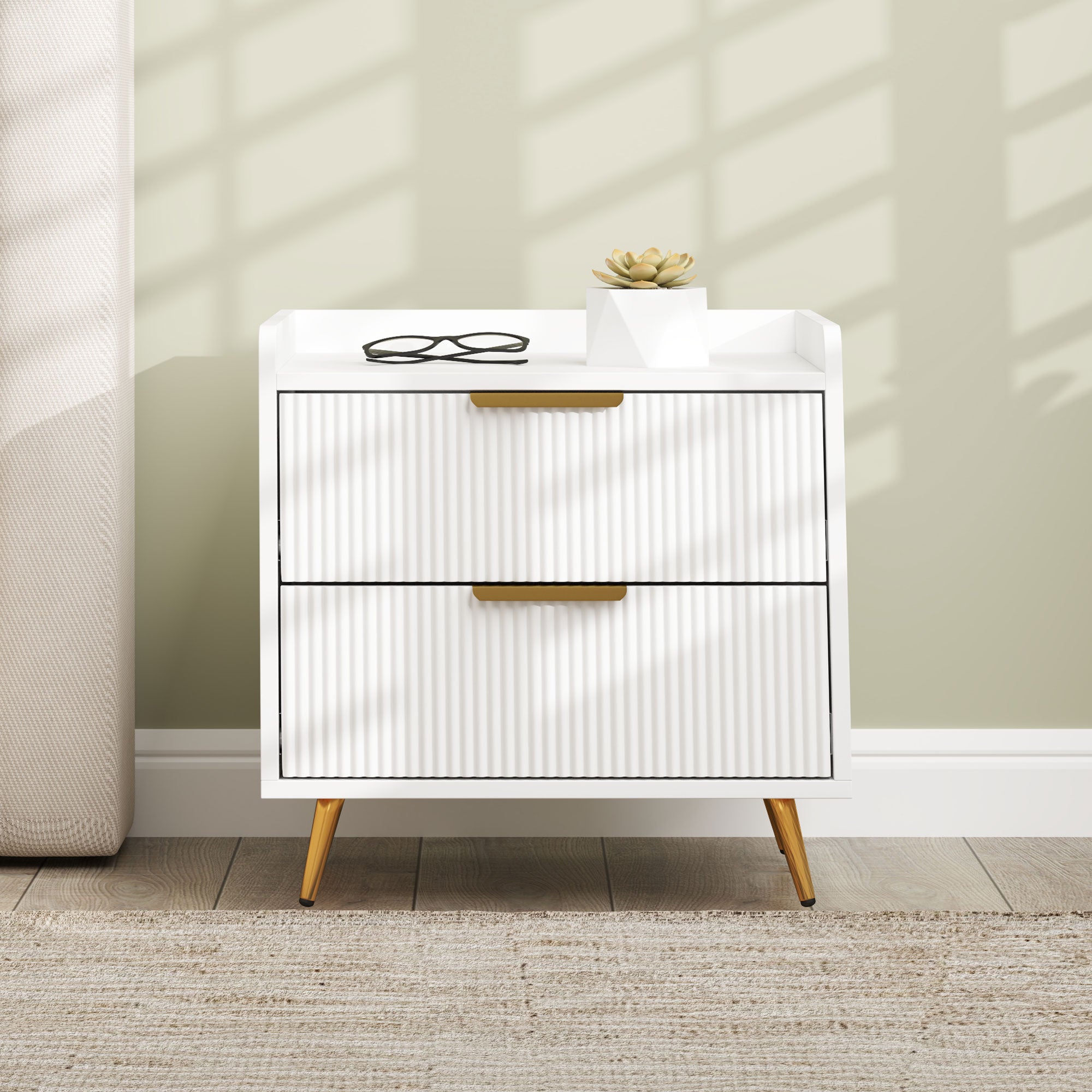 HOMCOM Bedside Table, Bedside Cabinet with 2 Drawers, Side End Table with Metal Legs for Bedroom Living Room, White