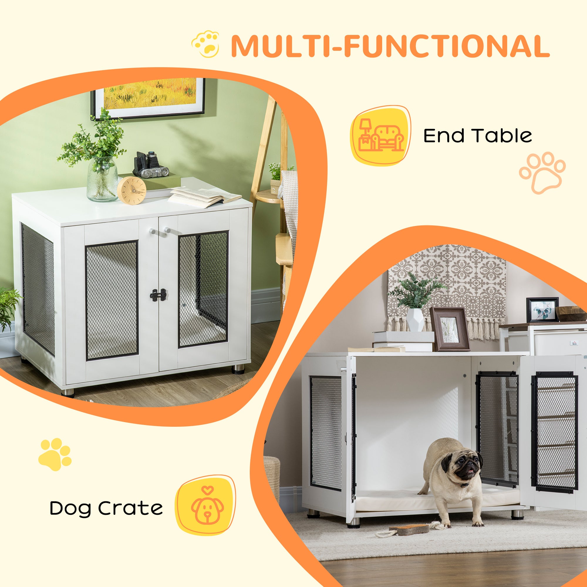 PawHut Dog Crate Furniture, Double-Door Dog Crate End Table with Water-Resistant Cushion for Medium Dogs, Wooden Wire Dog Cage for Indoor Use, White