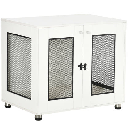 PawHut Dog Crate Furniture, Double-Door Dog Crate End Table with Water-Resistant Cushion for Medium Dogs, Wooden Wire Dog Cage for Indoor Use, White