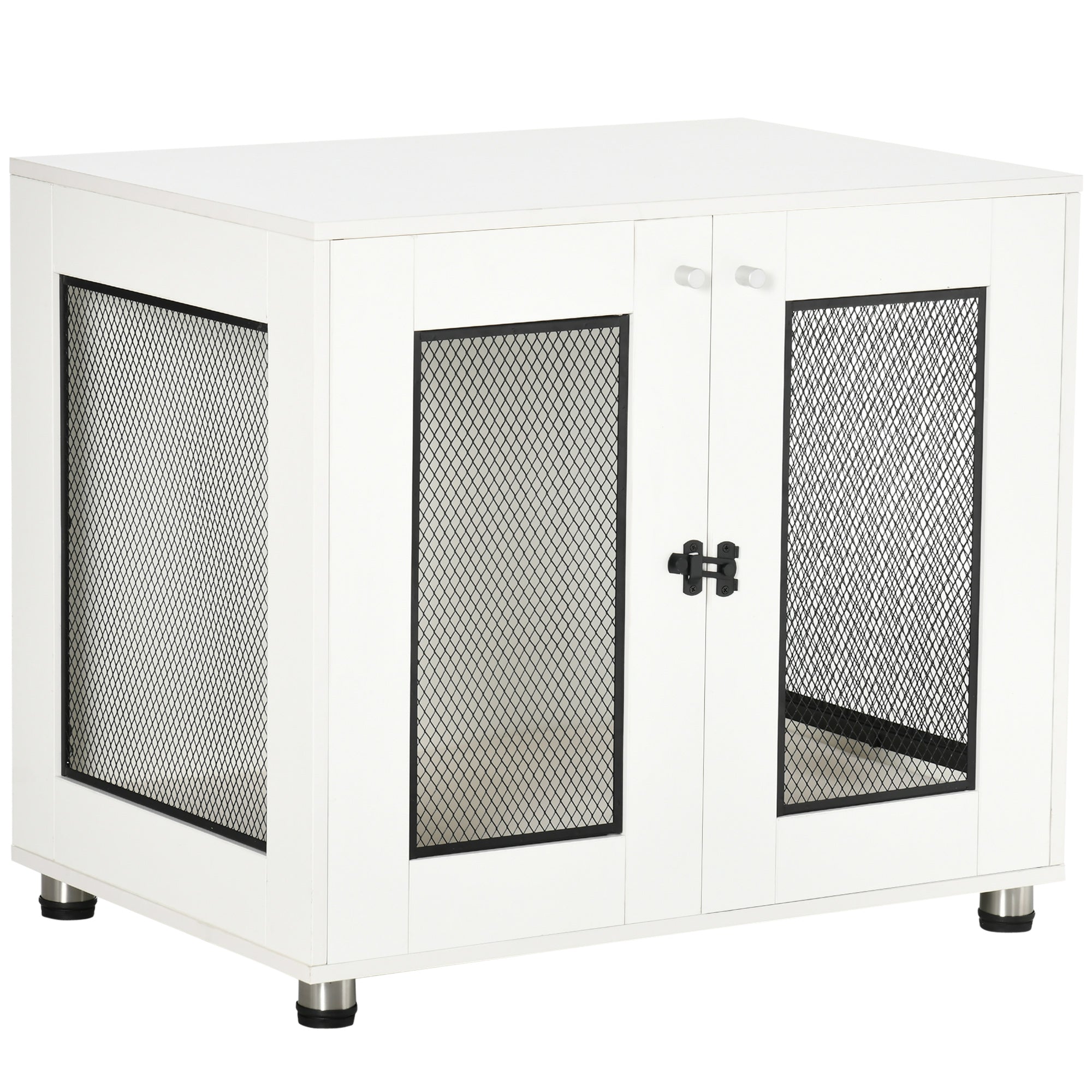 PawHut Dog Crate Furniture, Double-Door Dog Crate End Table with Water-Resistant Cushion for Medium Dogs, Wooden Wire Dog Cage for Indoor Use, White