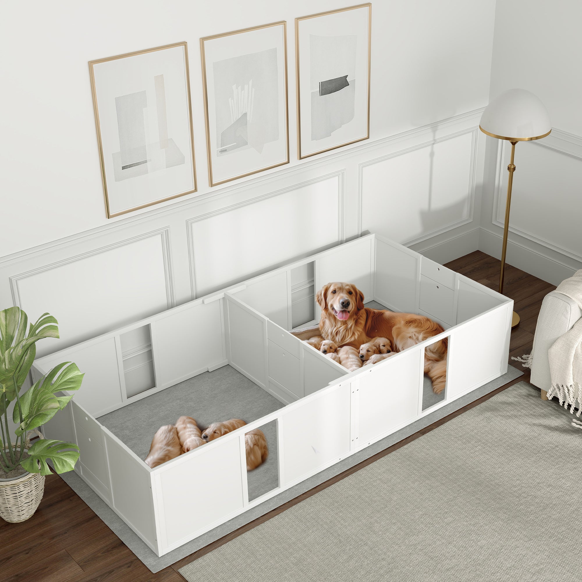 PawHut Whelping Box for Dogs and Puppies, Dog Whelping Pen, Dog Birth Supplies Indoor with Removable Adjustable Height Doors, for Large Sized Dogs, 96" x 47" x 19"