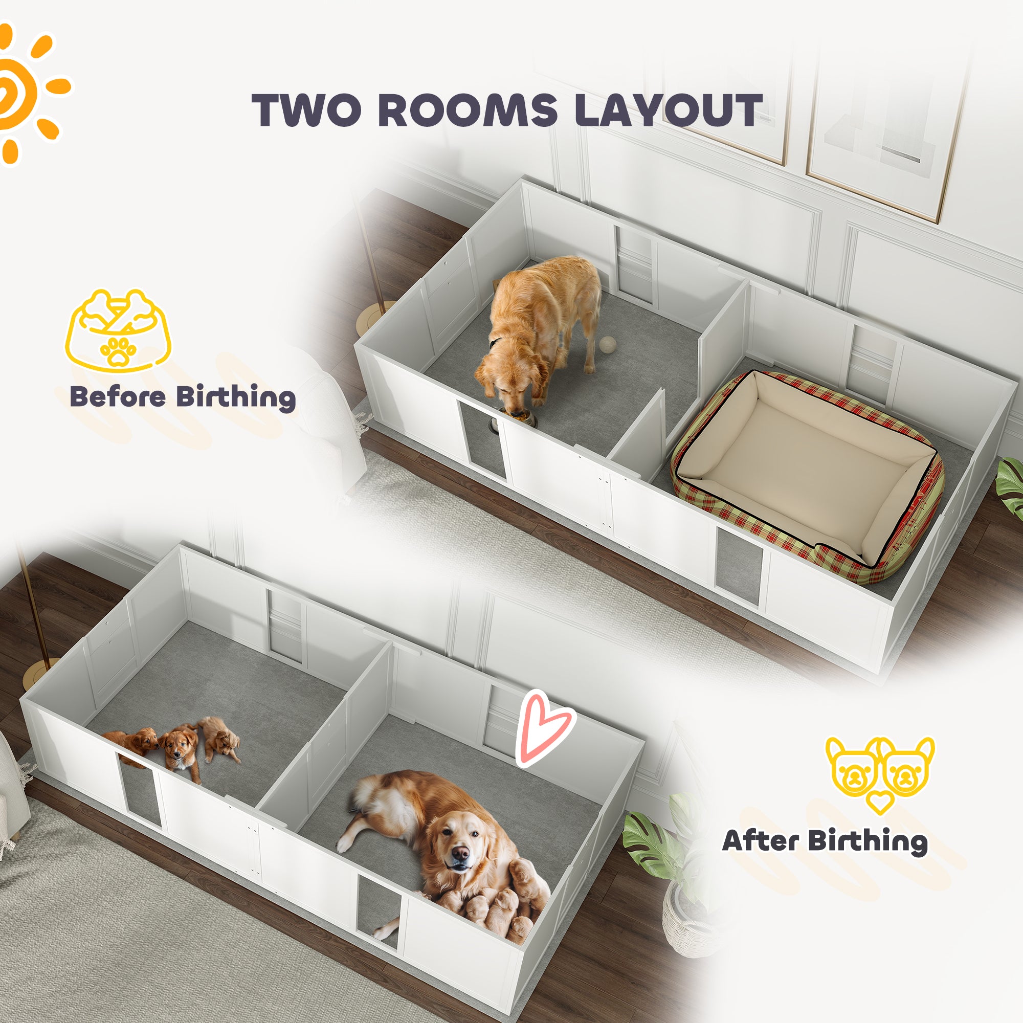 PawHut Whelping Box for Dogs and Puppies, Dog Whelping Pen, Dog Birth Supplies Indoor with Removable Adjustable Height Doors, for Large Sized Dogs, 96" x 47" x 19"
