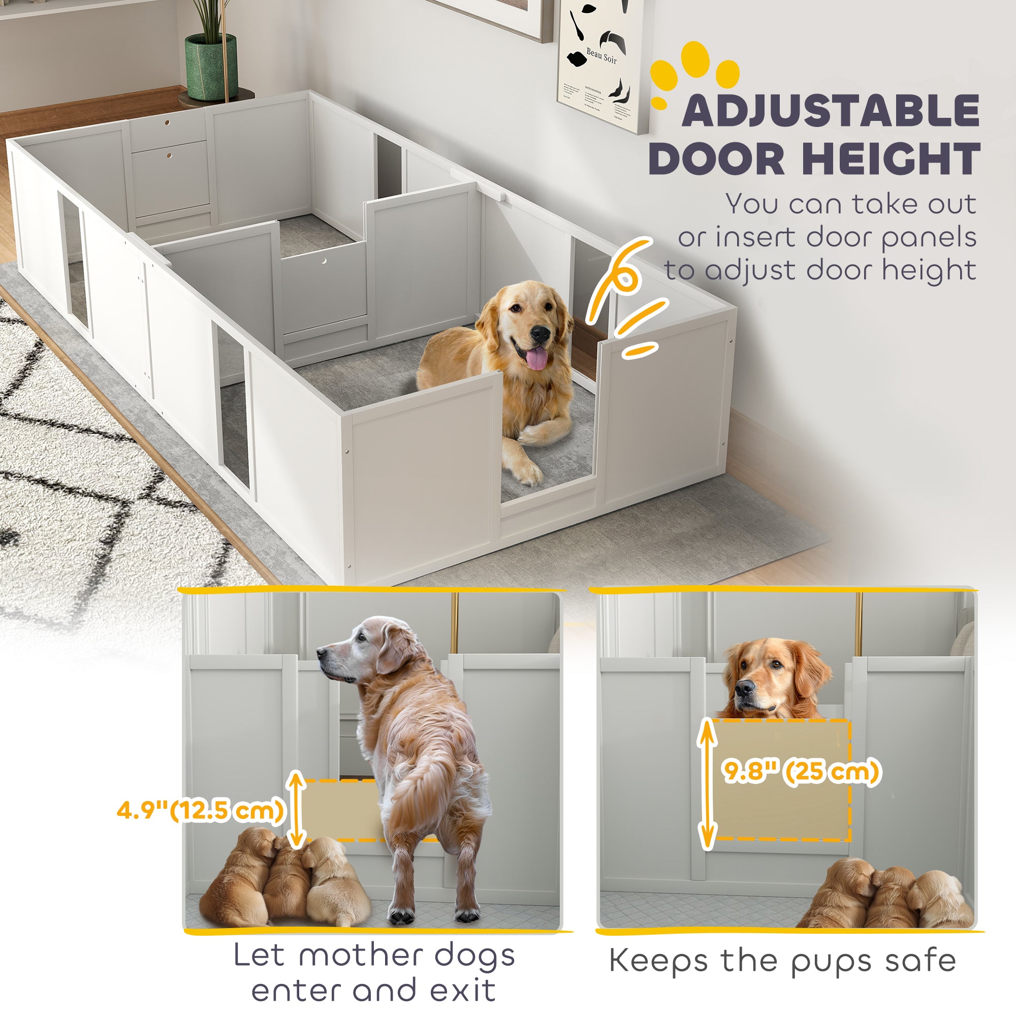 PawHut Whelping Box for Dogs and Puppies, Dog Whelping Pen, Dog Birth Supplies Indoor with Removable Adjustable Height Doors, for Large Sized Dogs, 96" x 47" x 19"