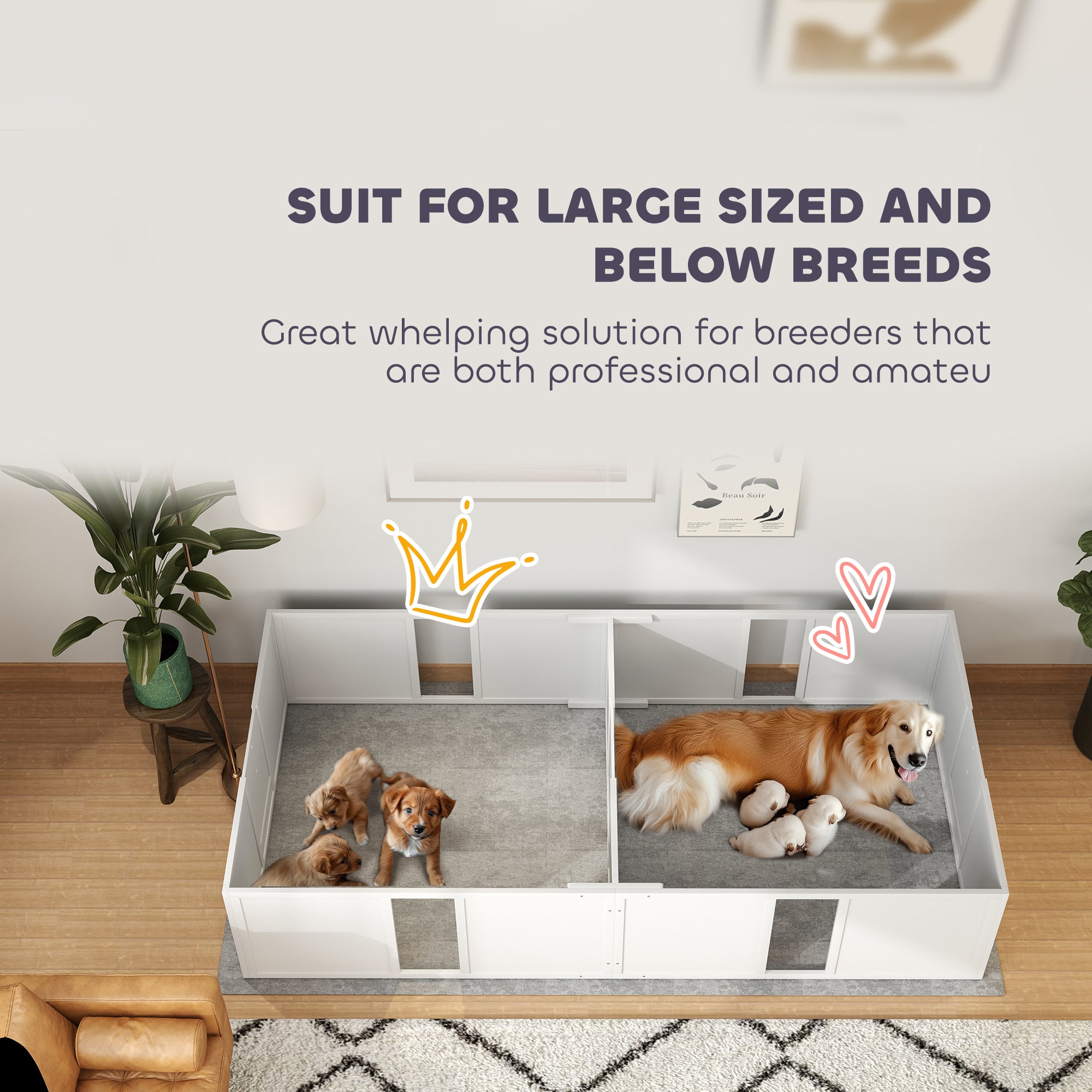 PawHut Whelping Box for Dogs and Puppies, Dog Whelping Pen, Dog Birth Supplies Indoor with Removable Adjustable Height Doors, for Large Sized Dogs, 96" x 47" x 19"