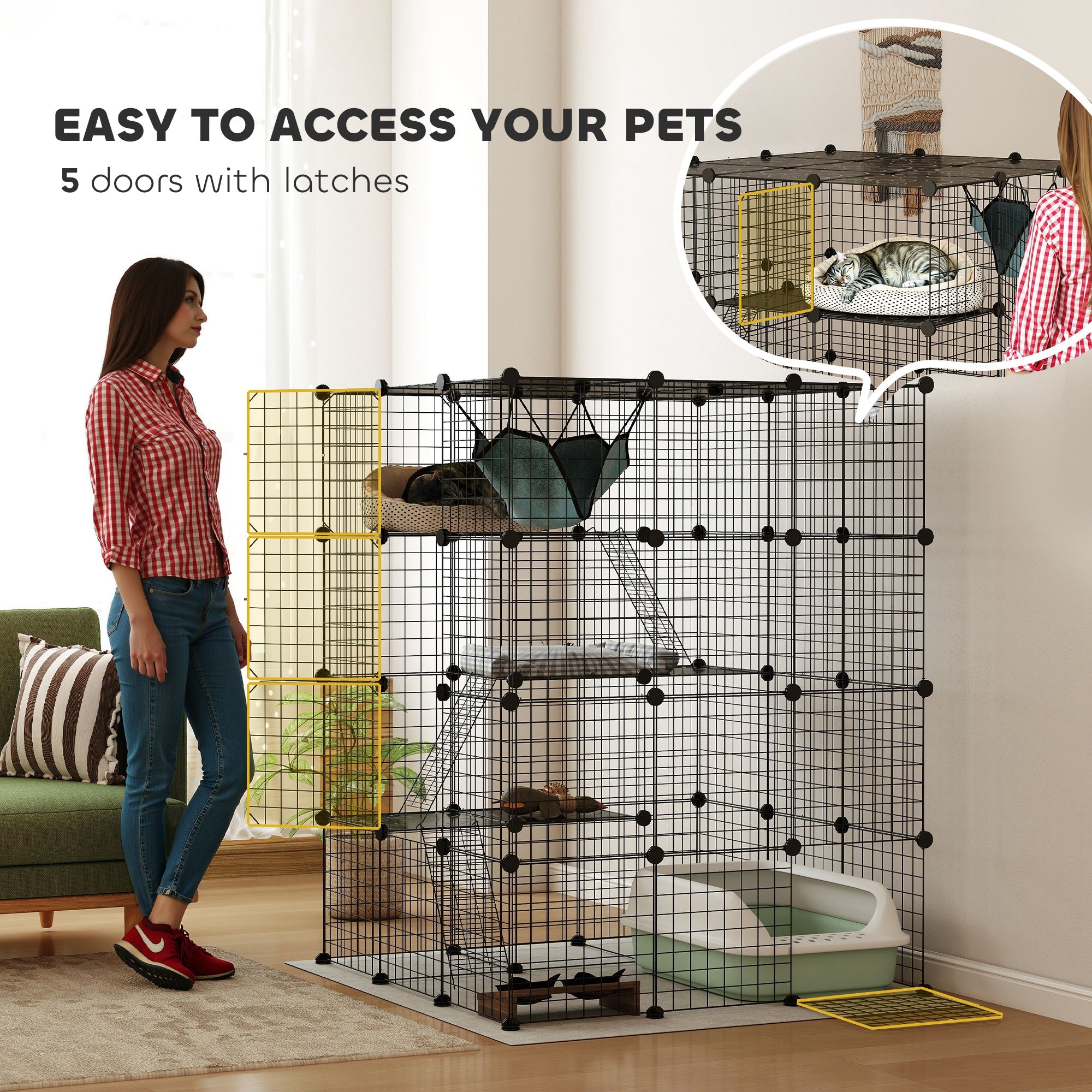 PawHut DIY Large Cat Cage Indoor, Catio Pet Playpen with Platforms, Ramps, Hammock, Kitten Exercise Place for 1-3 Cats, Bunnies, 41 x 41 x 55in, 49 Panels, Black