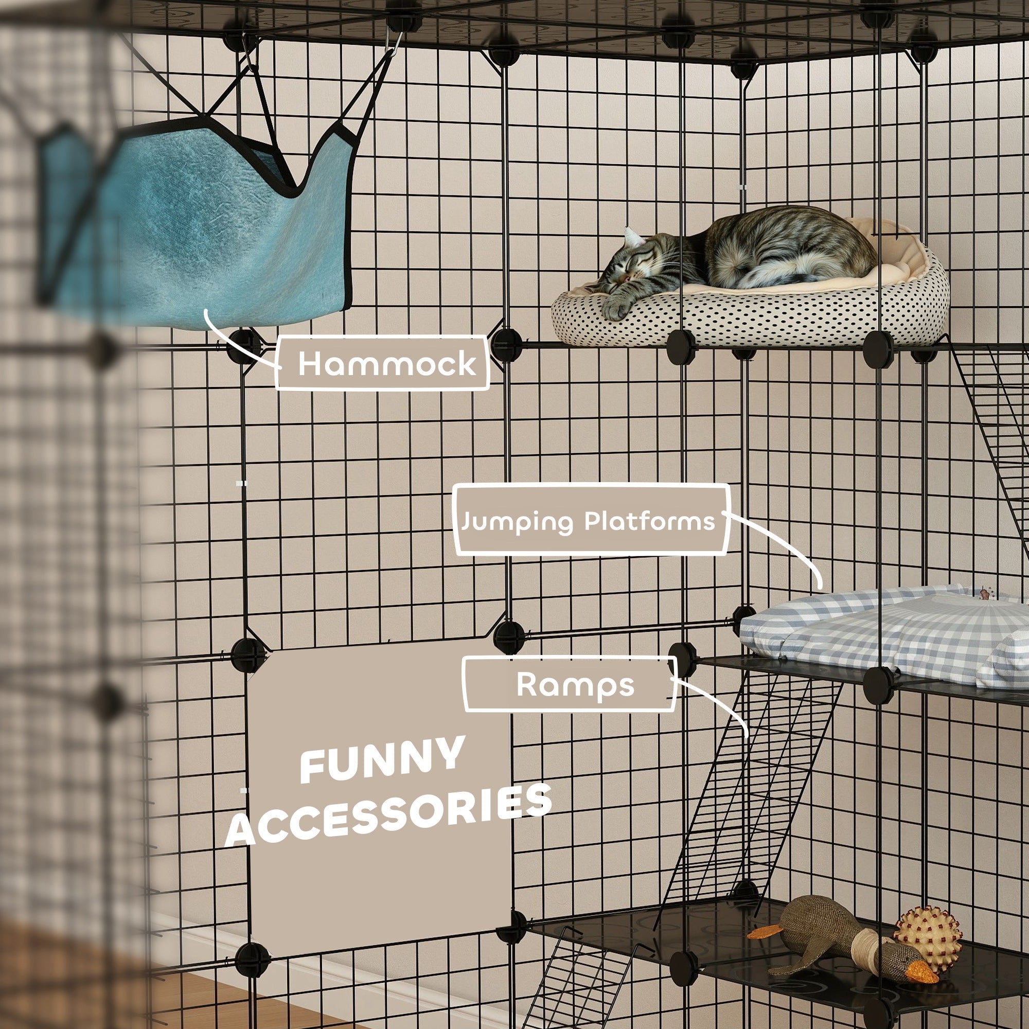 PawHut DIY Large Cat Cage Indoor, Catio Pet Playpen with Platforms, Ramps, Hammock, Kitten Exercise Place for 1-3 Cats, Bunnies, 41 x 41 x 55in, 49 Panels, Black
