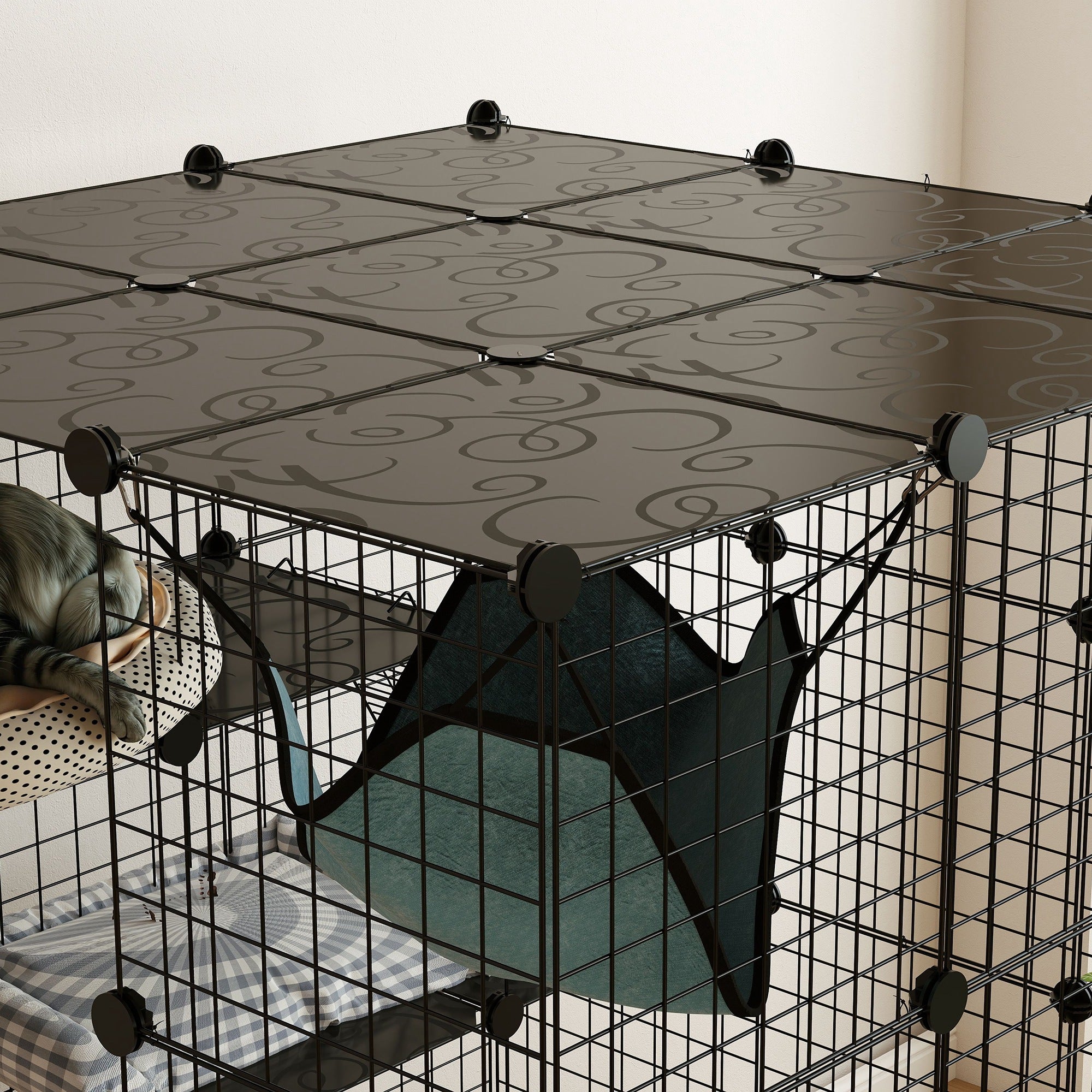 PawHut DIY Large Cat Cage Indoor, Catio Pet Playpen with Platforms, Ramps, Hammock, Kitten Exercise Place for 1-3 Cats, Bunnies, 41 x 41 x 55in, 49 Panels, Black