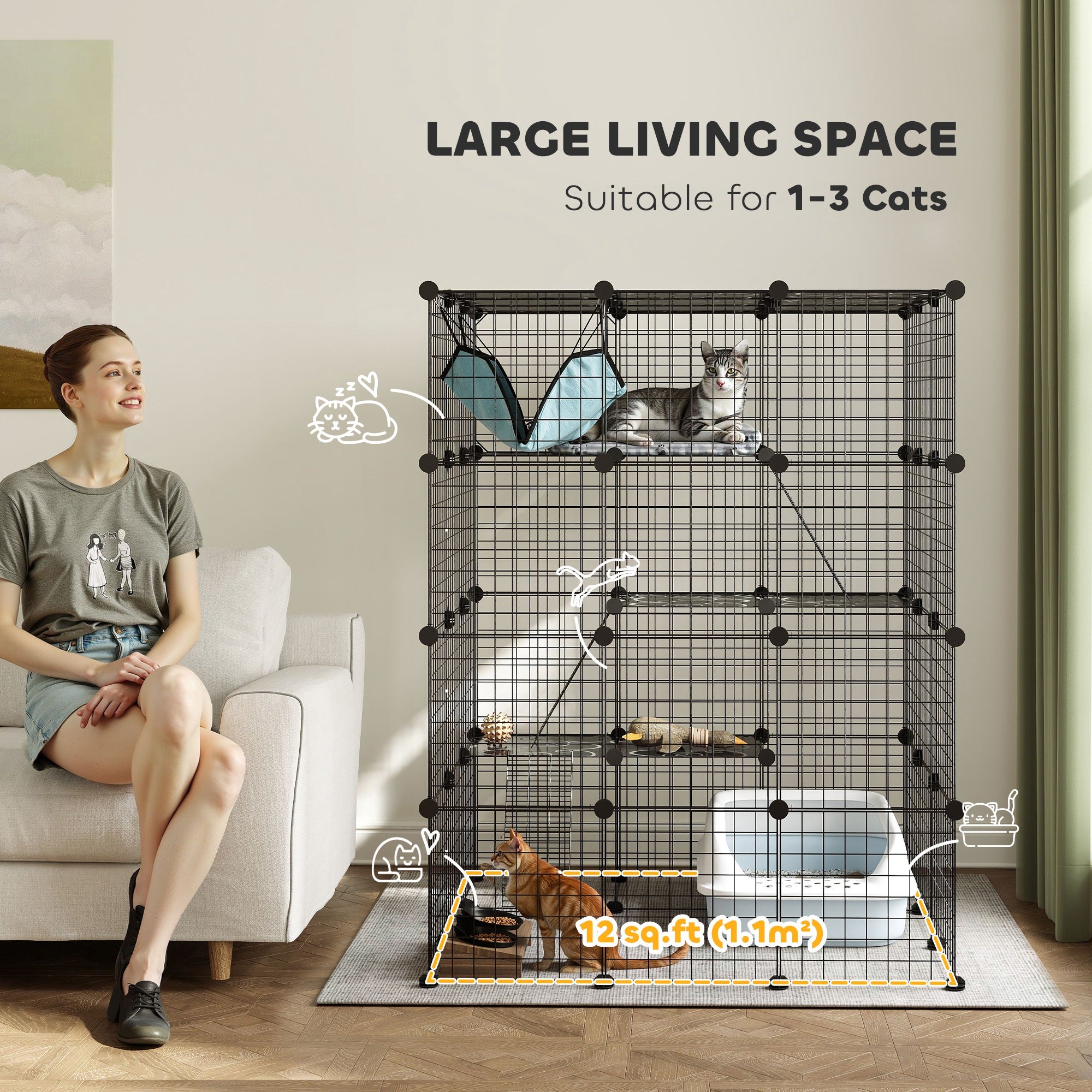 PawHut DIY Large Cat Cage Indoor, Catio Pet Playpen with Platforms, Ramps, Hammock, Kitten Exercise Place for 1-3 Cats, Bunnies, 41 x 41 x 55in, 49 Panels, Black