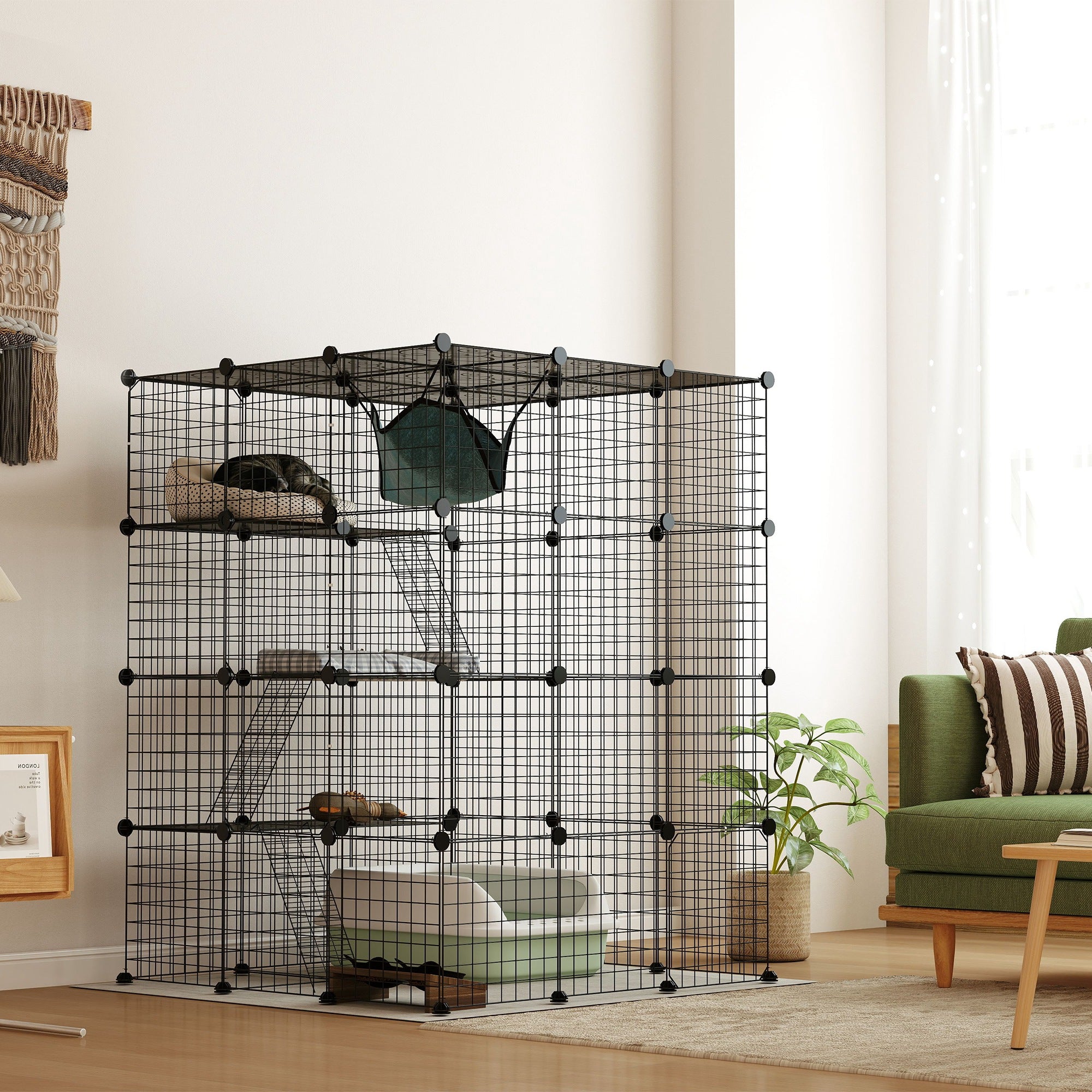 PawHut DIY Large Cat Cage Indoor, Catio Pet Playpen with Platforms, Ramps, Hammock, Kitten Exercise Place for 1-3 Cats, Bunnies, 41 x 41 x 55in, 49 Panels, Black