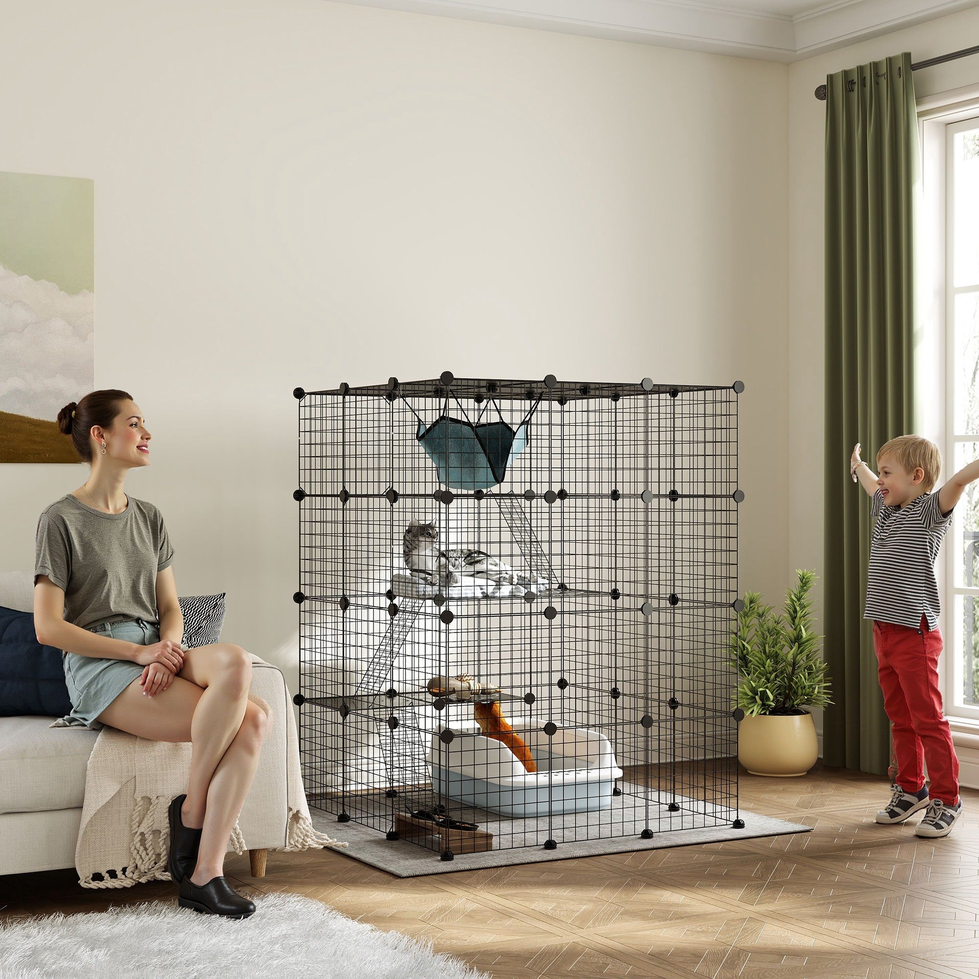 PawHut DIY Large Cat Cage Indoor, Catio Pet Playpen with Platforms, Ramps, Hammock, Kitten Exercise Place for 1-3 Cats, Bunnies, 41 x 41 x 55in, 49 Panels, Black