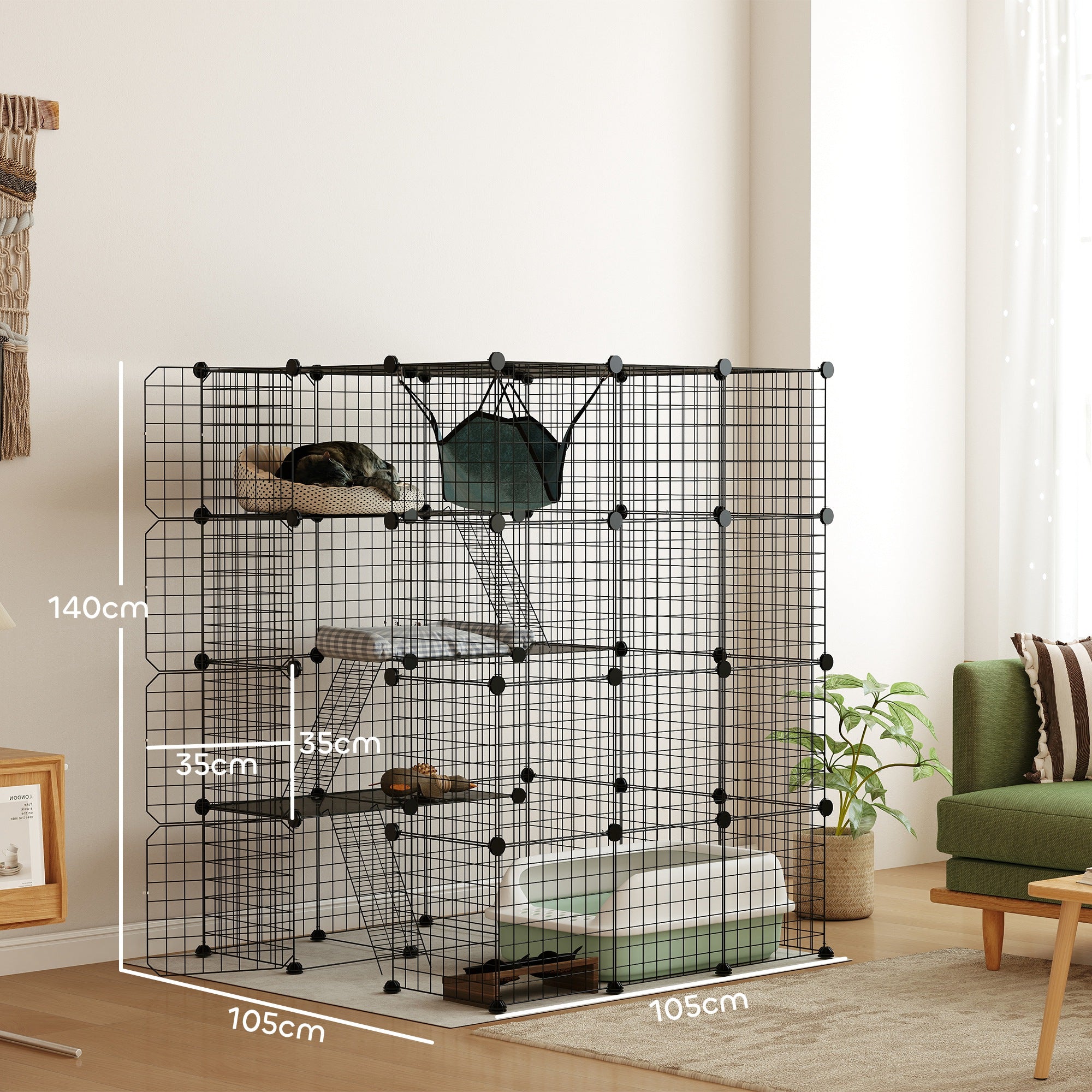 PawHut Cat Cage Indoor, DIY 4 Tier Wire Cat Enclosure with Hammock, Ramps, Doors, Jumping Platforms, Detachable Catio Indoor for 1-3 Cats, 105 x 105 x 140 cm, Black