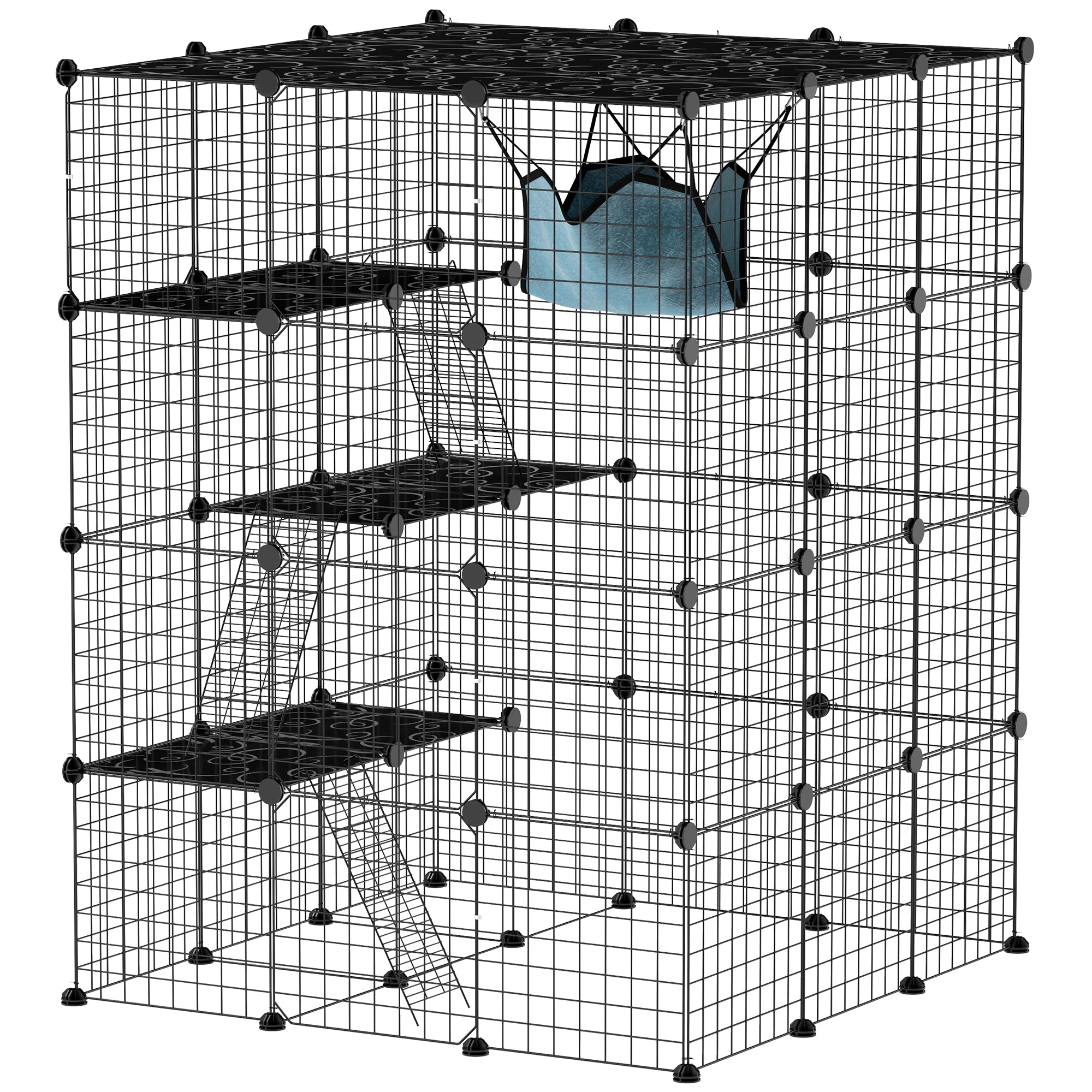 PawHut DIY Large Cat Cage Indoor, Catio Pet Playpen with Platforms, Ramps, Hammock, Kitten Exercise Place for 1-3 Cats, Bunnies, 41 x 41 x 55in, 49 Panels, Black
