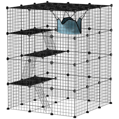 PawHut DIY Large Cat Cage Indoor, Catio Pet Playpen with Platforms, Ramps, Hammock, Kitten Exercise Place for 1-3 Cats, Bunnies, 41 x 41 x 55in, 49 Panels, Black