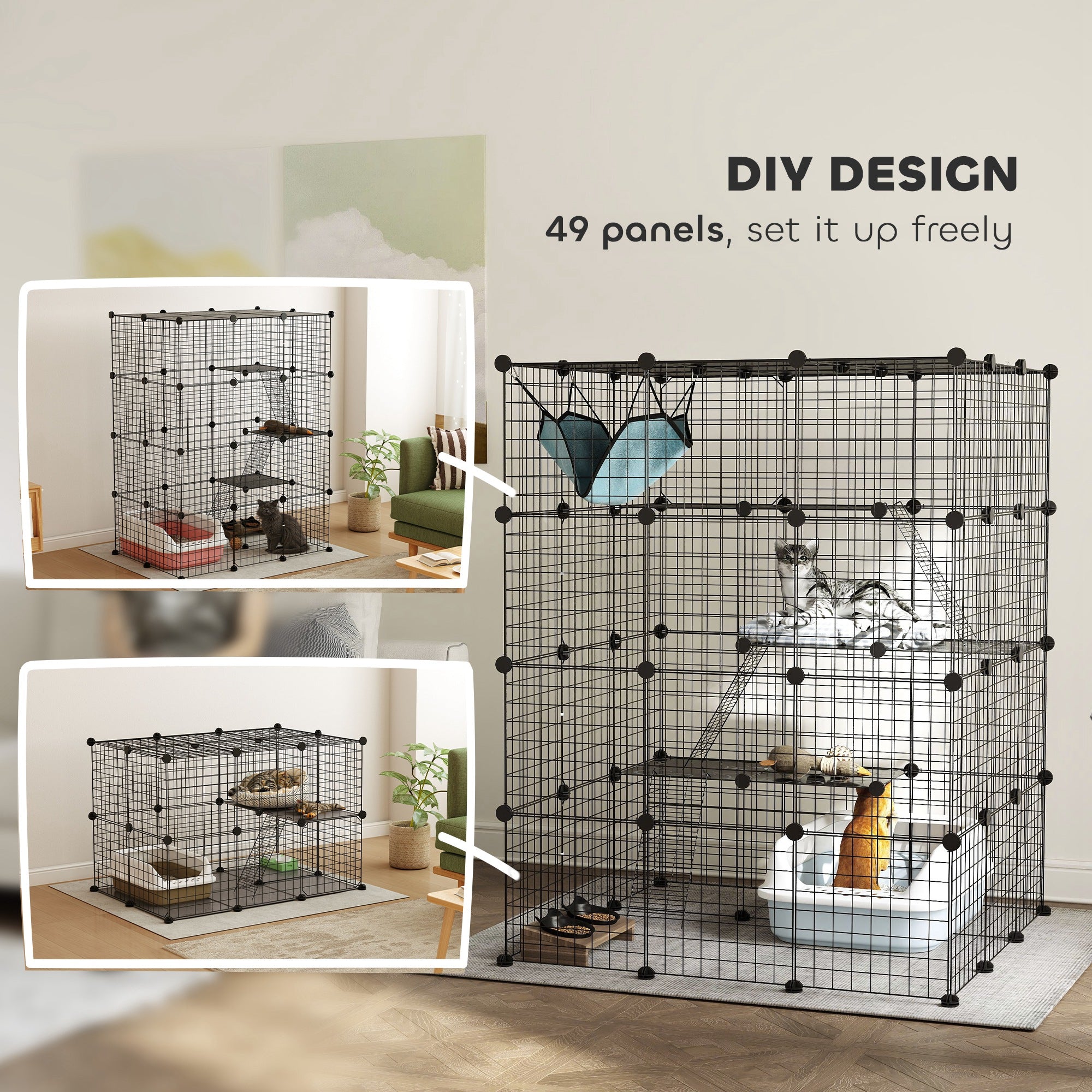 PawHut DIY Large Cat Cage Indoor, Catio Pet Playpen with Platforms, Ramps, Hammock, Kitten Exercise Place for 1-3 Cats, Bunnies, 41 x 41 x 55in, 49 Panels, Black