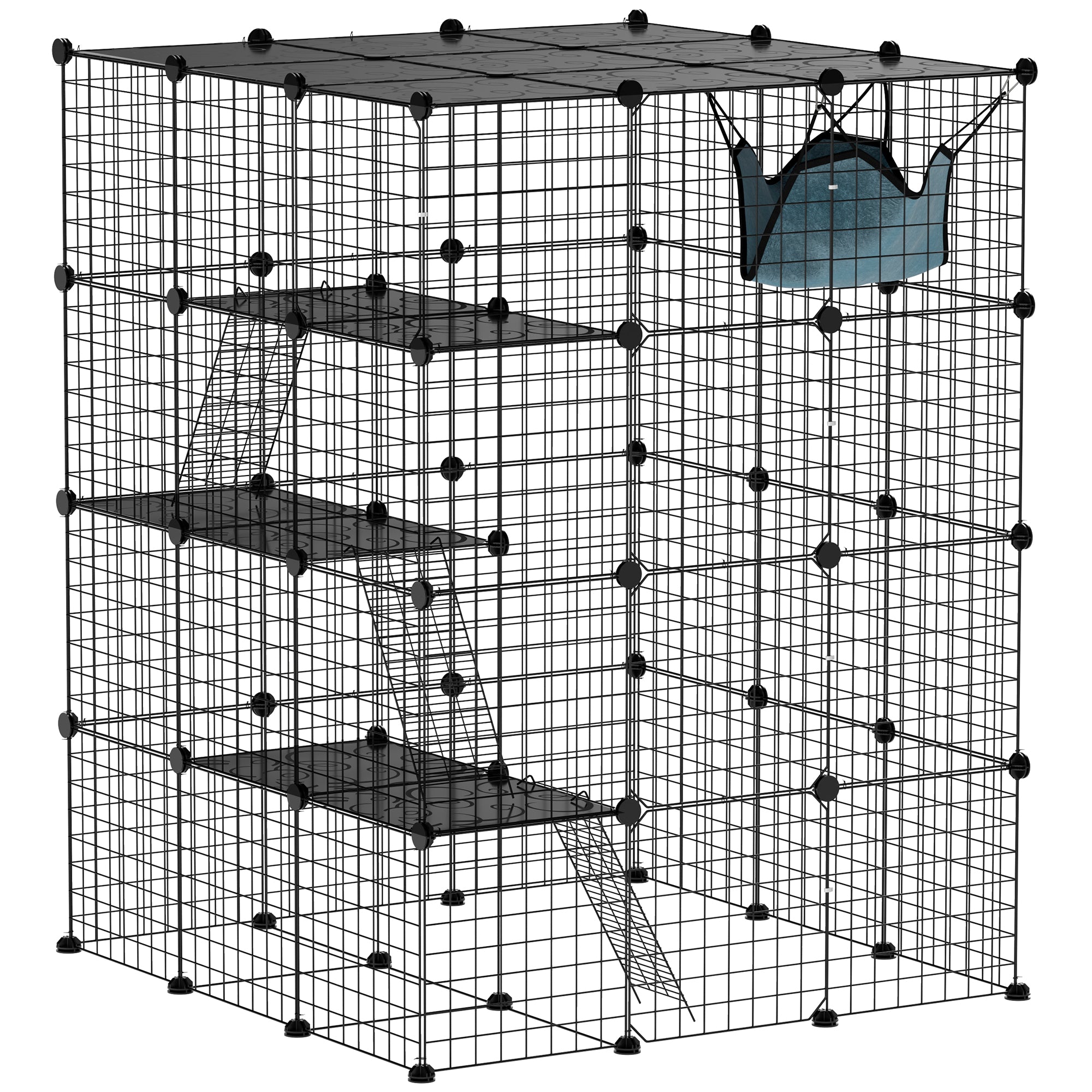 PawHut DIY Large Cat Cage Indoor, Catio Pet Playpen with Platforms, Ramps, Hammock, Kitten Exercise Place for 1-3 Cats, Bunnies, 41 x 41 x 55in, 49 Panels, Black