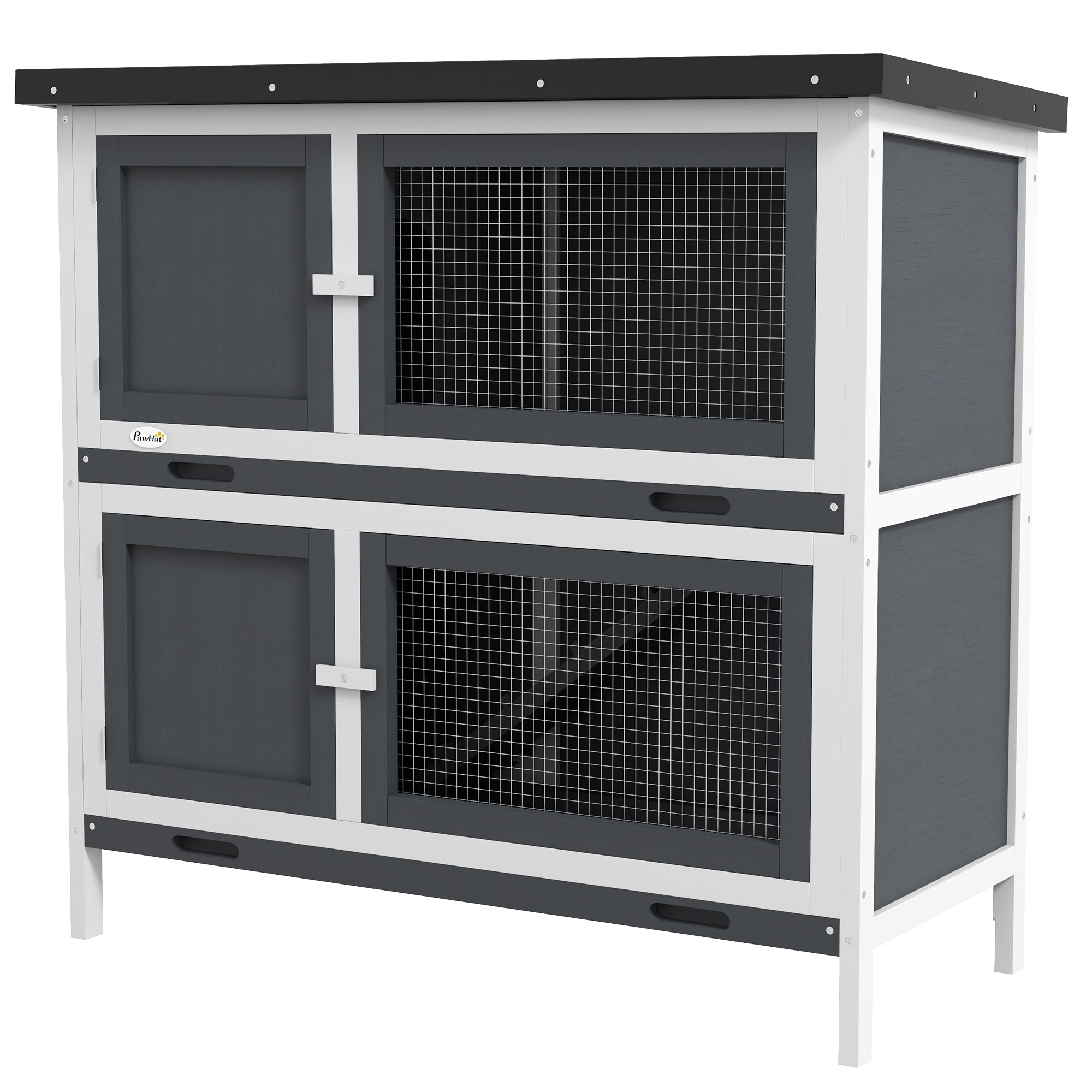 PawHut Solid Wood Rabbit/Bunny Hutch with 2 Large Main Rooms, Protection from UV Rays and Water, and Firm Cage, Grey