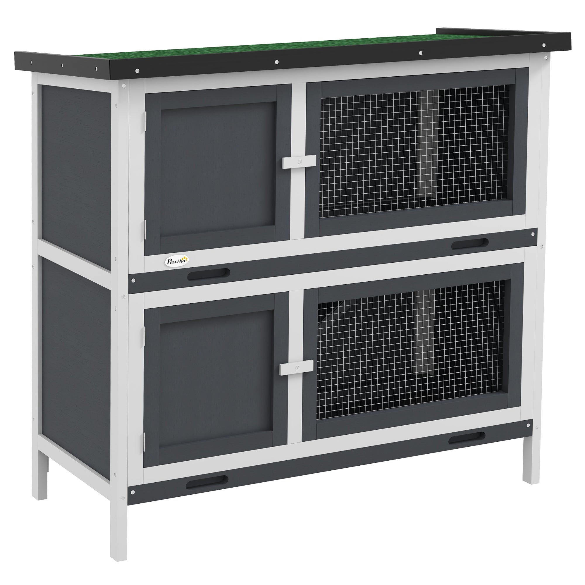 PawHut Solid Wood Rabbit/Bunny Hutch with 2 Large Main Rooms, Protection from UV Rays and Water, and Firm Cage, Grey