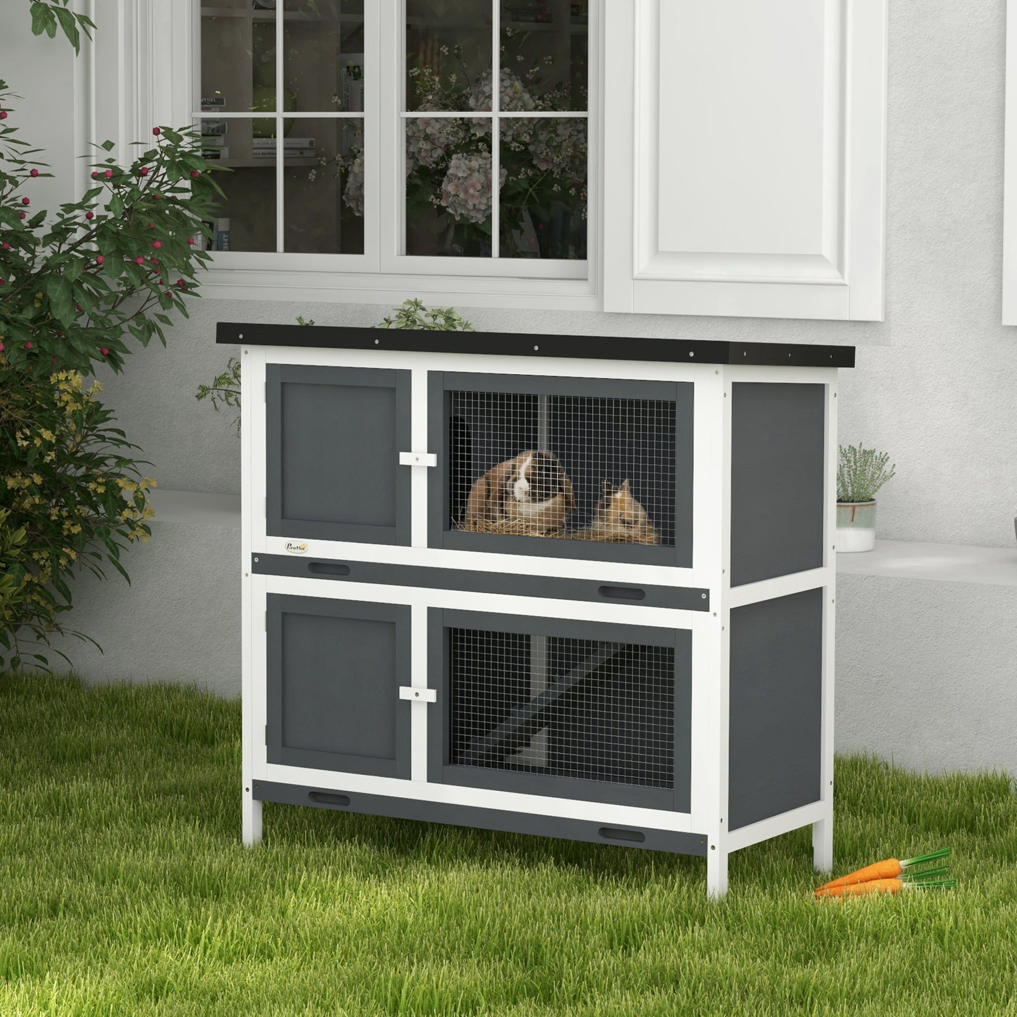 PawHut Solid Wood Rabbit/Bunny Hutch with 2 Large Main Rooms, Protection from UV Rays and Water, and Firm Cage, Grey