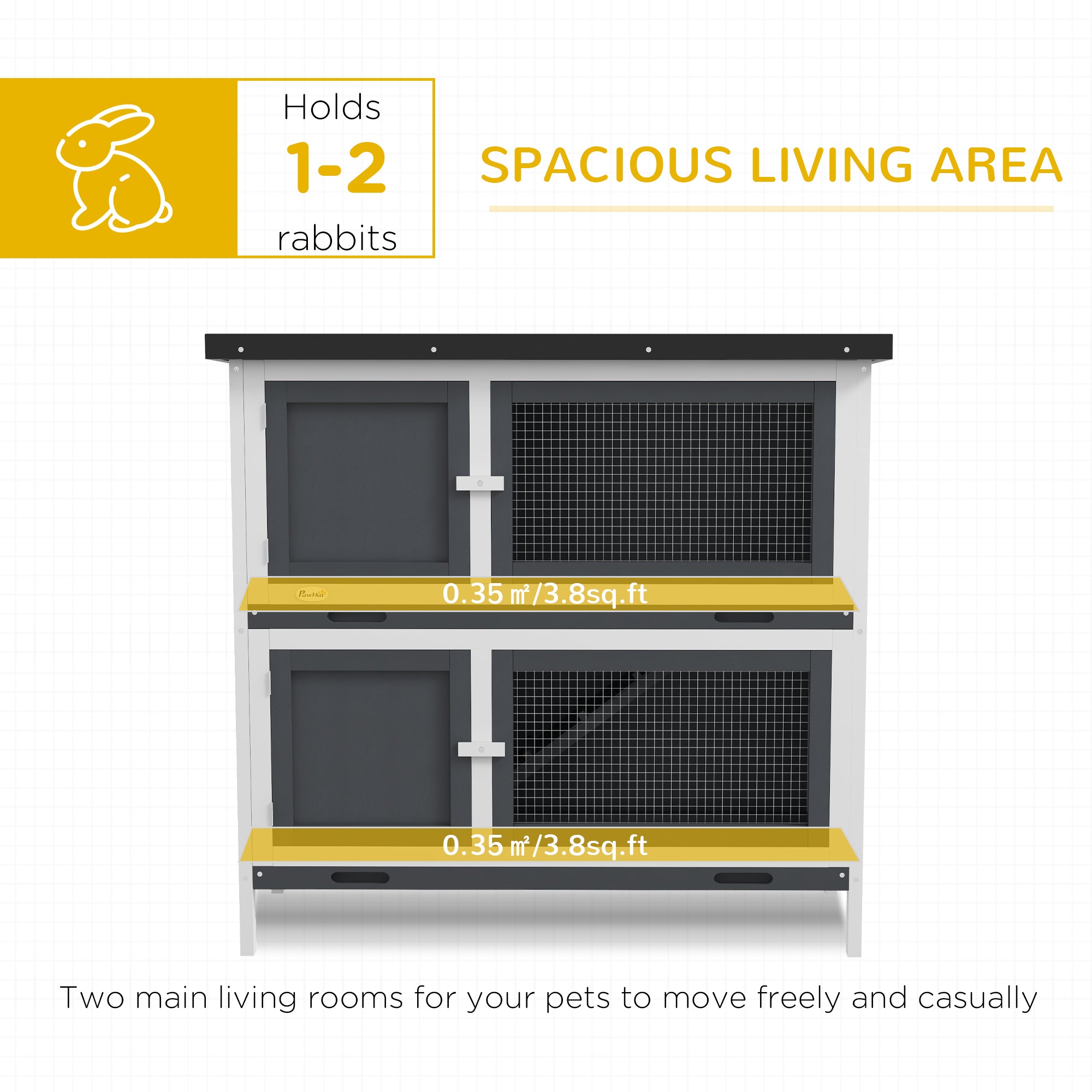 PawHut Solid Wood Rabbit/Bunny Hutch with 2 Large Main Rooms, Protection from UV Rays and Water, and Firm Cage, Grey