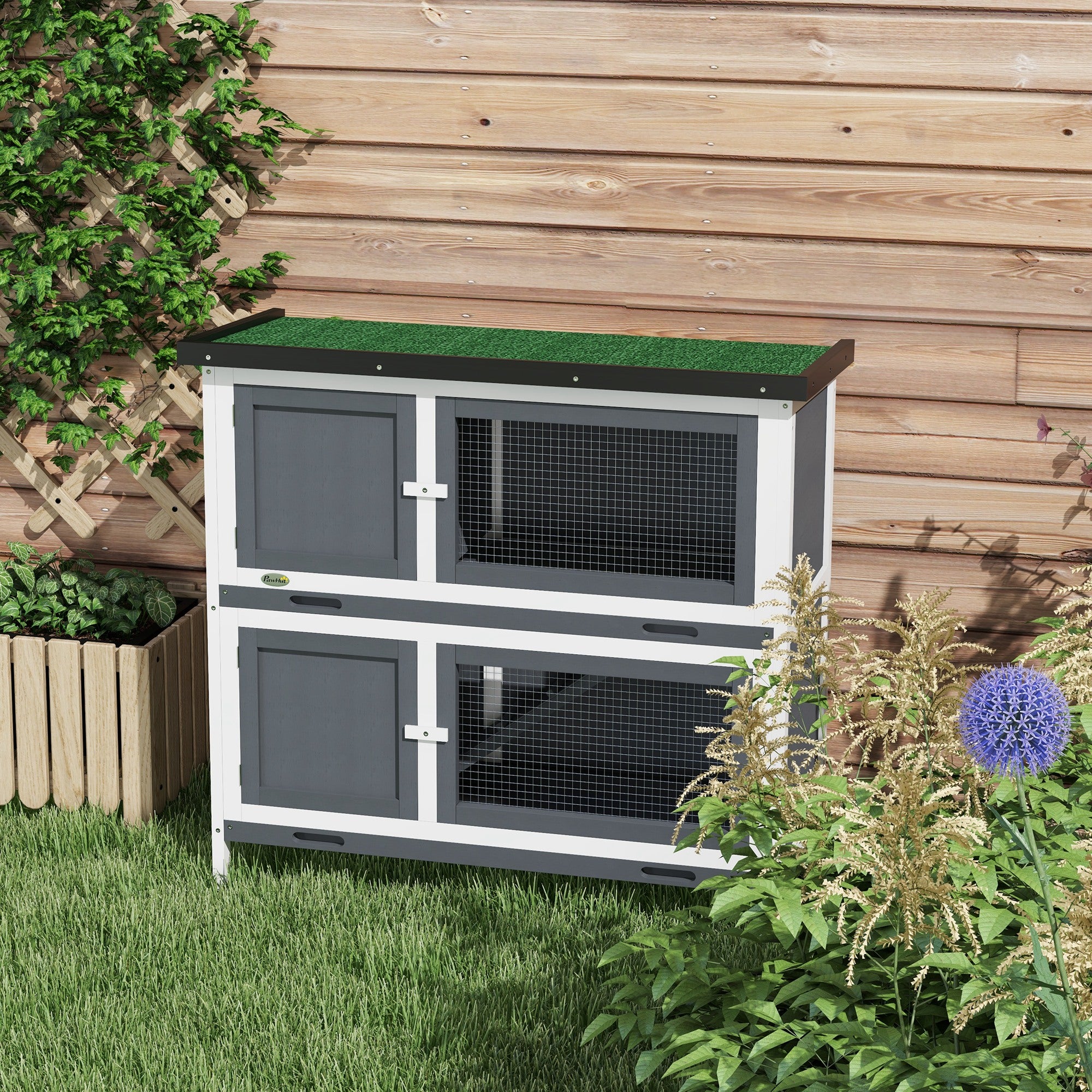 PawHut Solid Wood Rabbit/Bunny Hutch with 2 Large Main Rooms, Protection from UV Rays and Water, and Firm Cage, Grey
