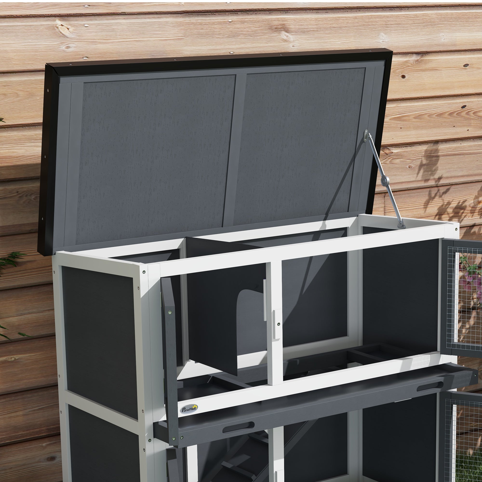 PawHut Solid Wood Rabbit/Bunny Hutch with 2 Large Main Rooms, Protection from UV Rays and Water, and Firm Cage, Grey