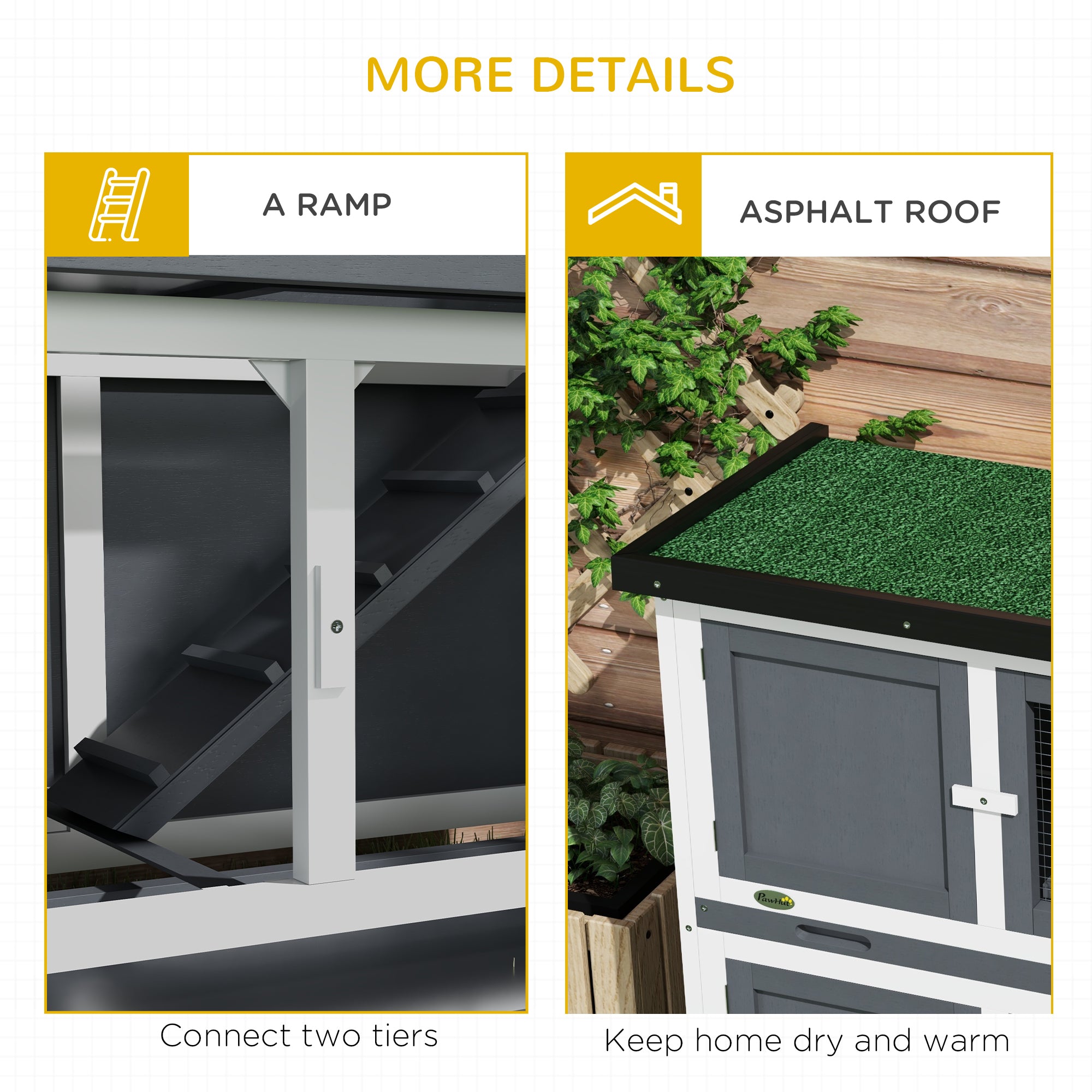 PawHut Solid Wood Rabbit/Bunny Hutch with 2 Large Main Rooms, Protection from UV Rays and Water, and Firm Cage, Grey