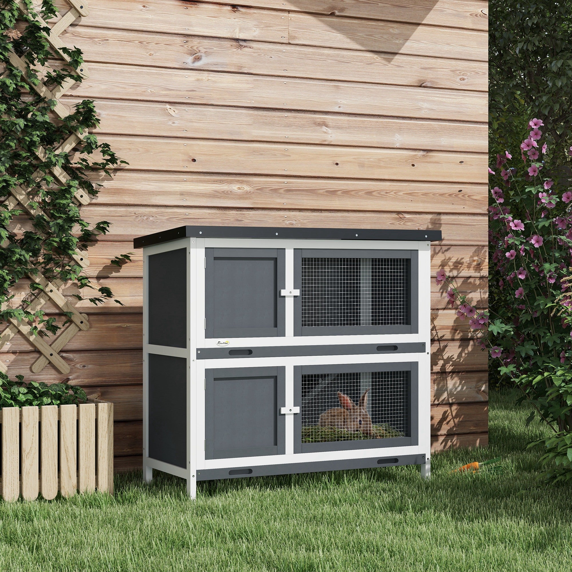 PawHut Solid Wood Rabbit/Bunny Hutch with 2 Large Main Rooms, Protection from UV Rays and Water, and Firm Cage, Grey