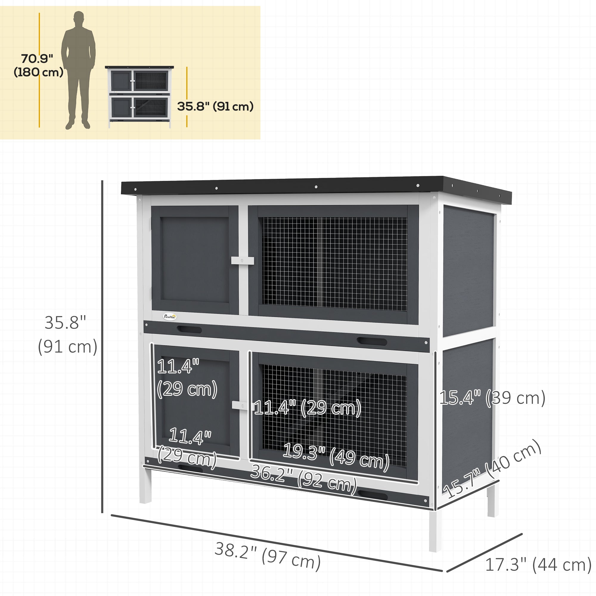 PawHut Solid Wood Rabbit/Bunny Hutch with 2 Large Main Rooms, Protection from UV Rays and Water, and Firm Cage, Grey