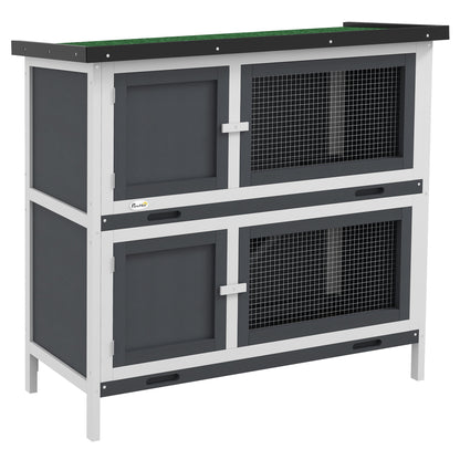 PawHut Solid Wood Rabbit/Bunny Hutch with 2 Large Main Rooms, Protection from UV Rays and Water, and Firm Cage, Grey