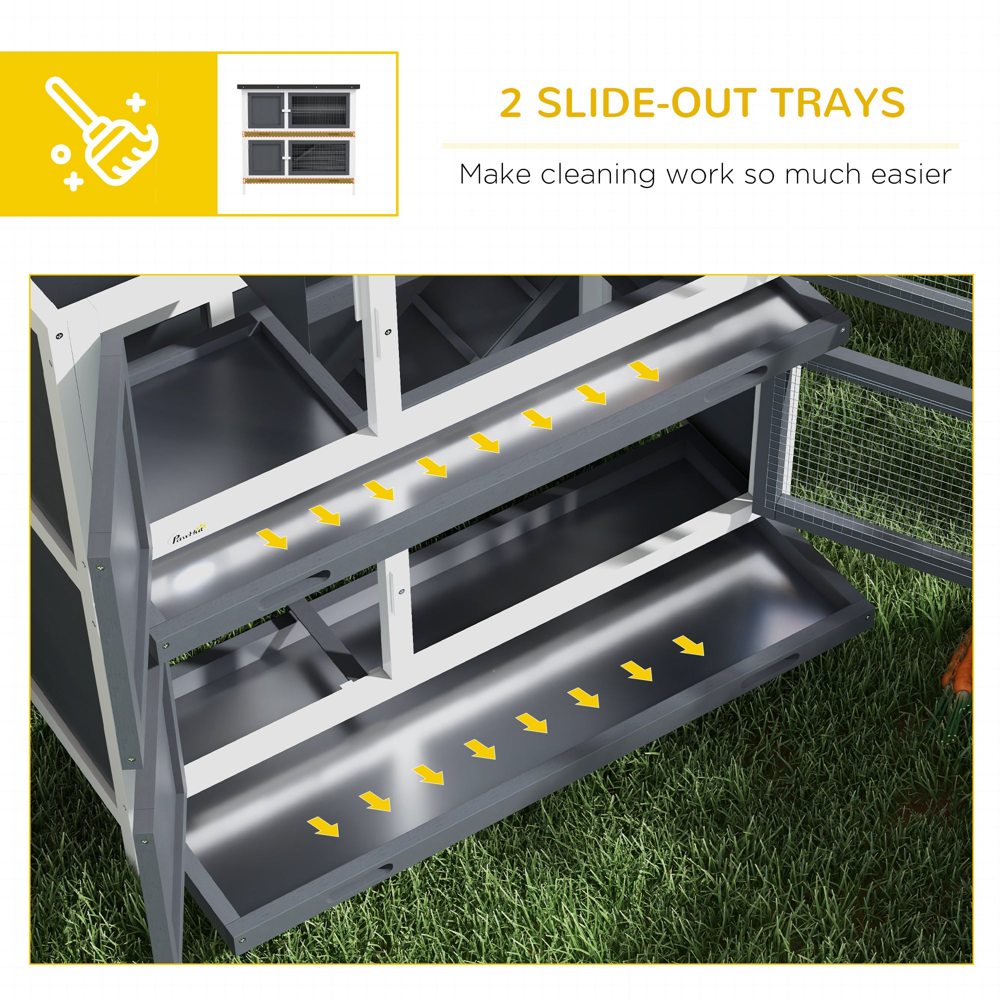PawHut Solid Wood Rabbit/Bunny Hutch with 2 Large Main Rooms, Protection from UV Rays and Water, and Firm Cage, Grey