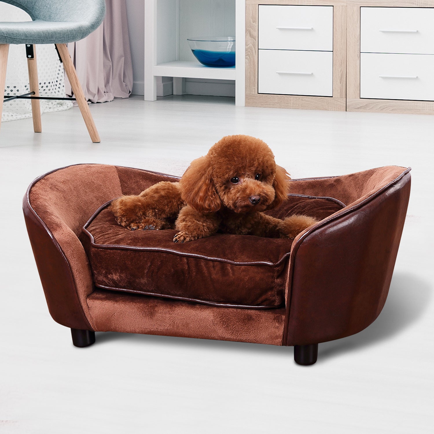 PawHut Dog Sofa Chair with Legs, Pet Couch with Soft Cushion for Small Dogs Cats, Brown, 78 x 57 x 35.5 cm