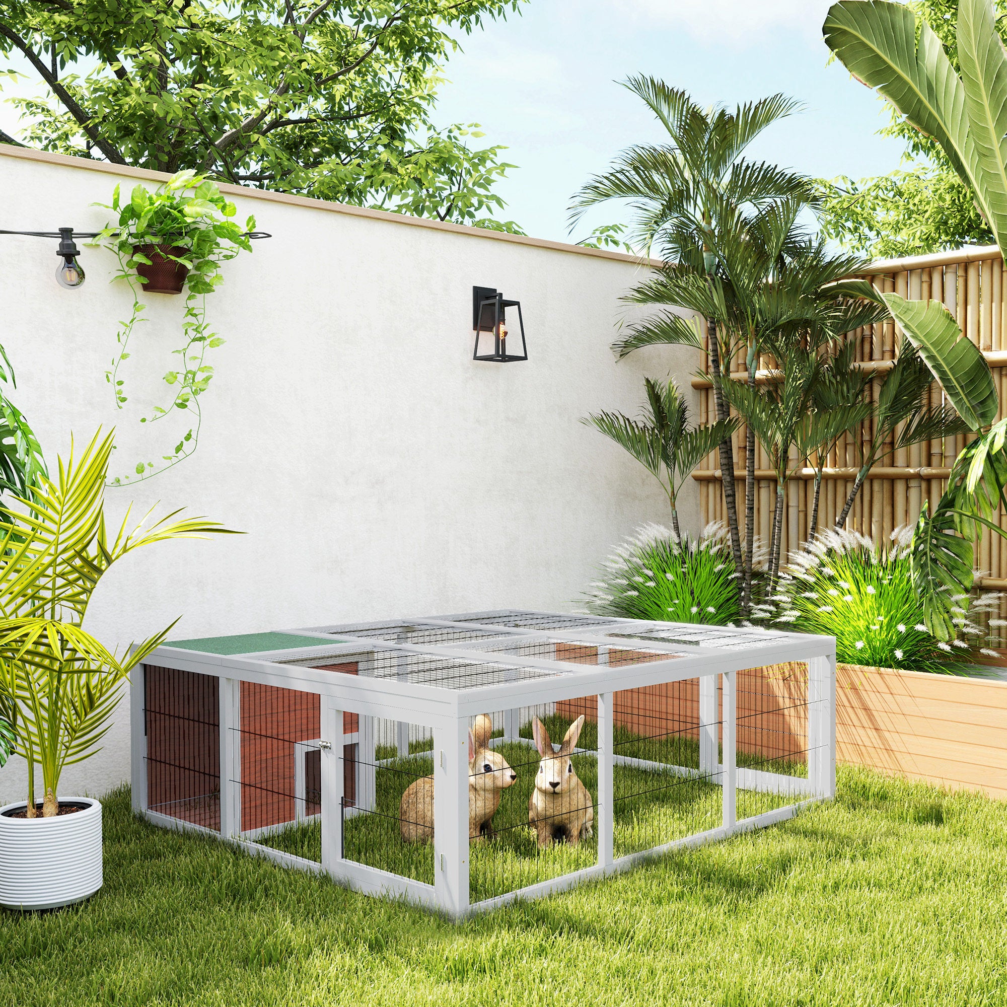 PawHut 64" Outdoor Rabbit Hutch Playpen, Wooden Tortoise House Habitat, Bunny Cage with Run and Enclosed Cover Indoor