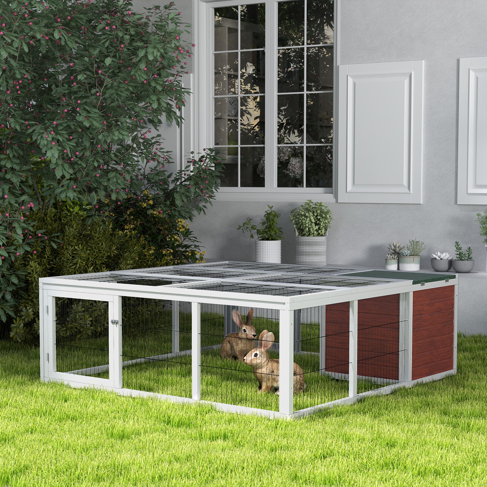 PawHut 64" Outdoor Rabbit Hutch Playpen, Wooden Tortoise House Habitat, Bunny Cage with Run and Enclosed Cover Indoor