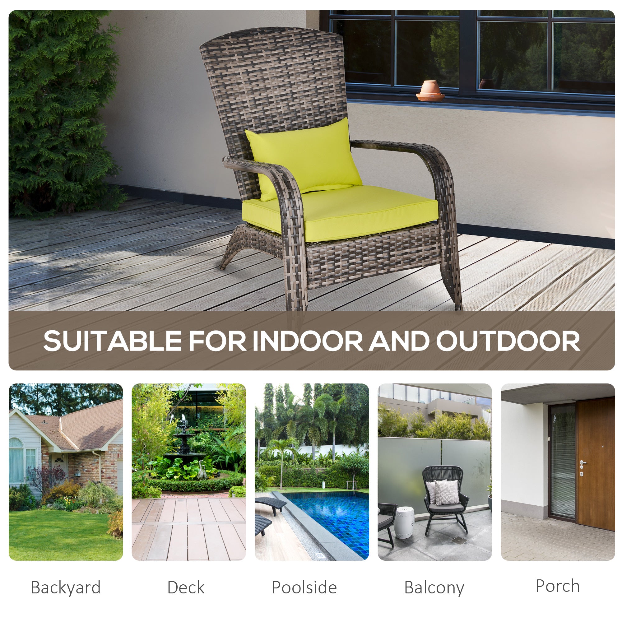 Outsunny Patio Wicker Adirondack Chair, Outdoor PE Rattan Fire Pit Chair, Muskoka Chair w/ Soft Cushions, Tall Curved Backrest and Comfortable Armrests for Deck or Garden, Green