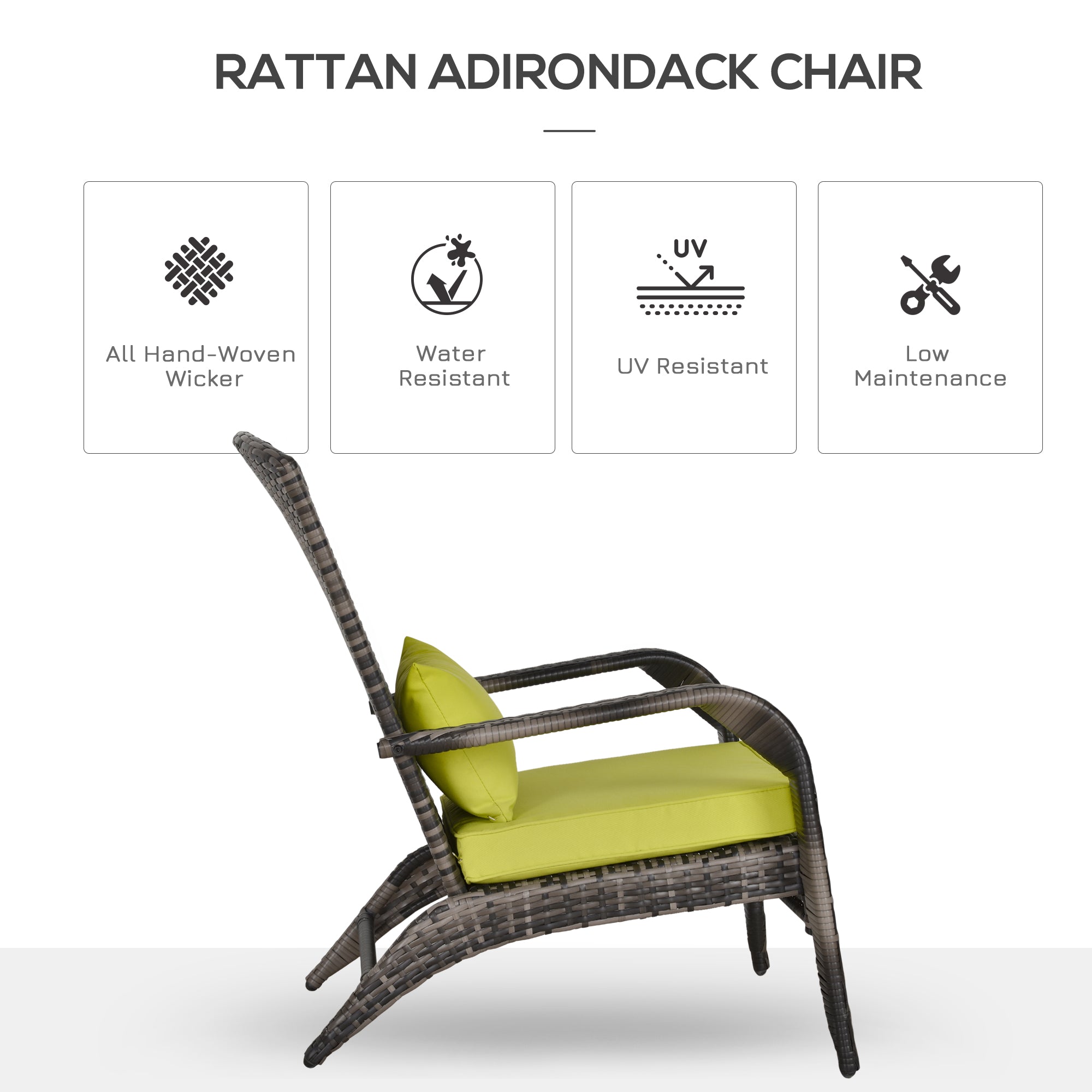 Outsunny Patio Wicker Adirondack Chair, Outdoor PE Rattan Fire Pit Chair, Muskoka Chair w/ Soft Cushions, Tall Curved Backrest and Comfortable Armrests for Deck or Garden, Green